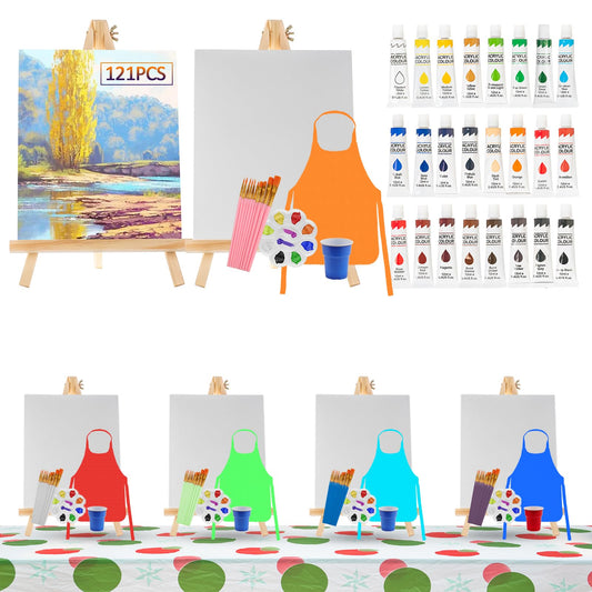 121 Pcs Art Painting Kit Supplies Set for Kids to Party - 60 Paint Brushes, 24 Acrylic Paints, 6 Wood Easels & Canvas Panels & Palettes & Aprons & Wash Pen Cup, 1 Plastic Tablecloth