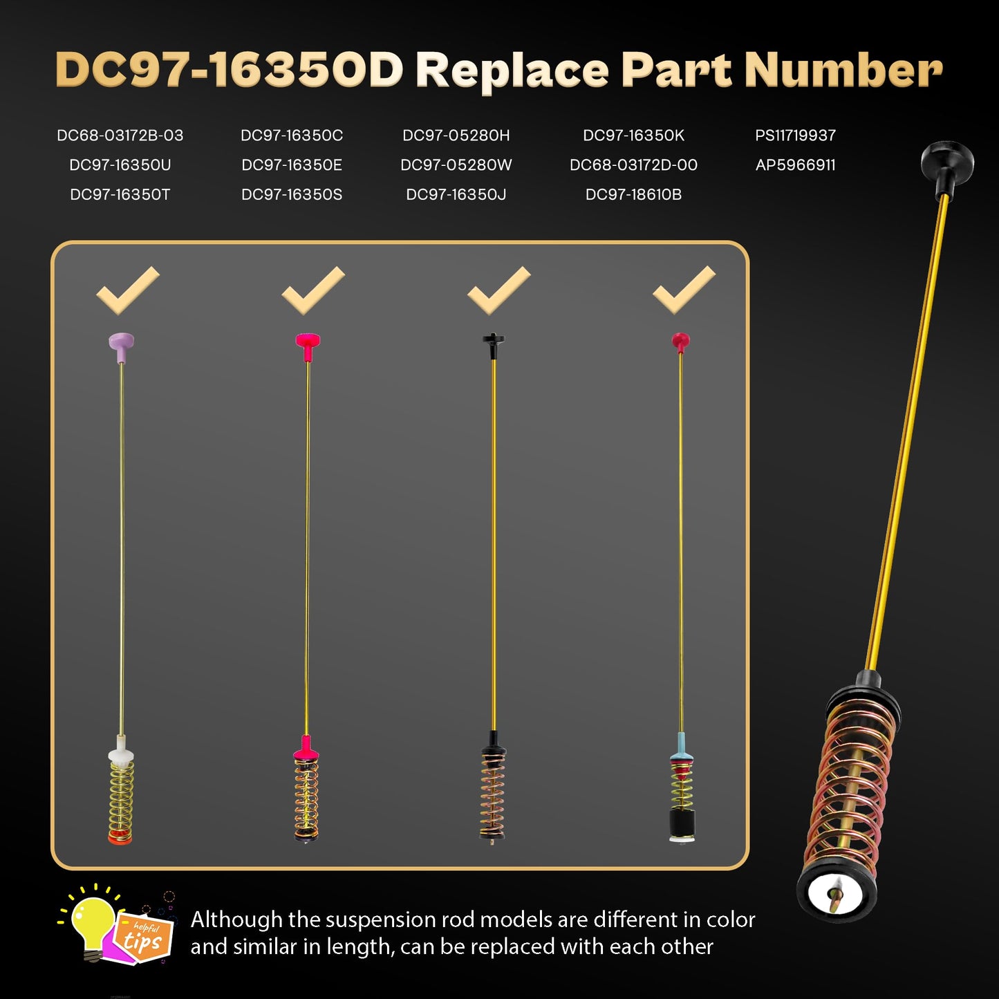 Washer Suspension Rods for Samsung WA50T5300AC/US WA50R5400AV/US WA45T3400AW/A4 WA50R5200AW/US WA45N3050AW/A4, Replace DC68-03172B-03 DC68-03172C DC97-16350D Suspension Rods