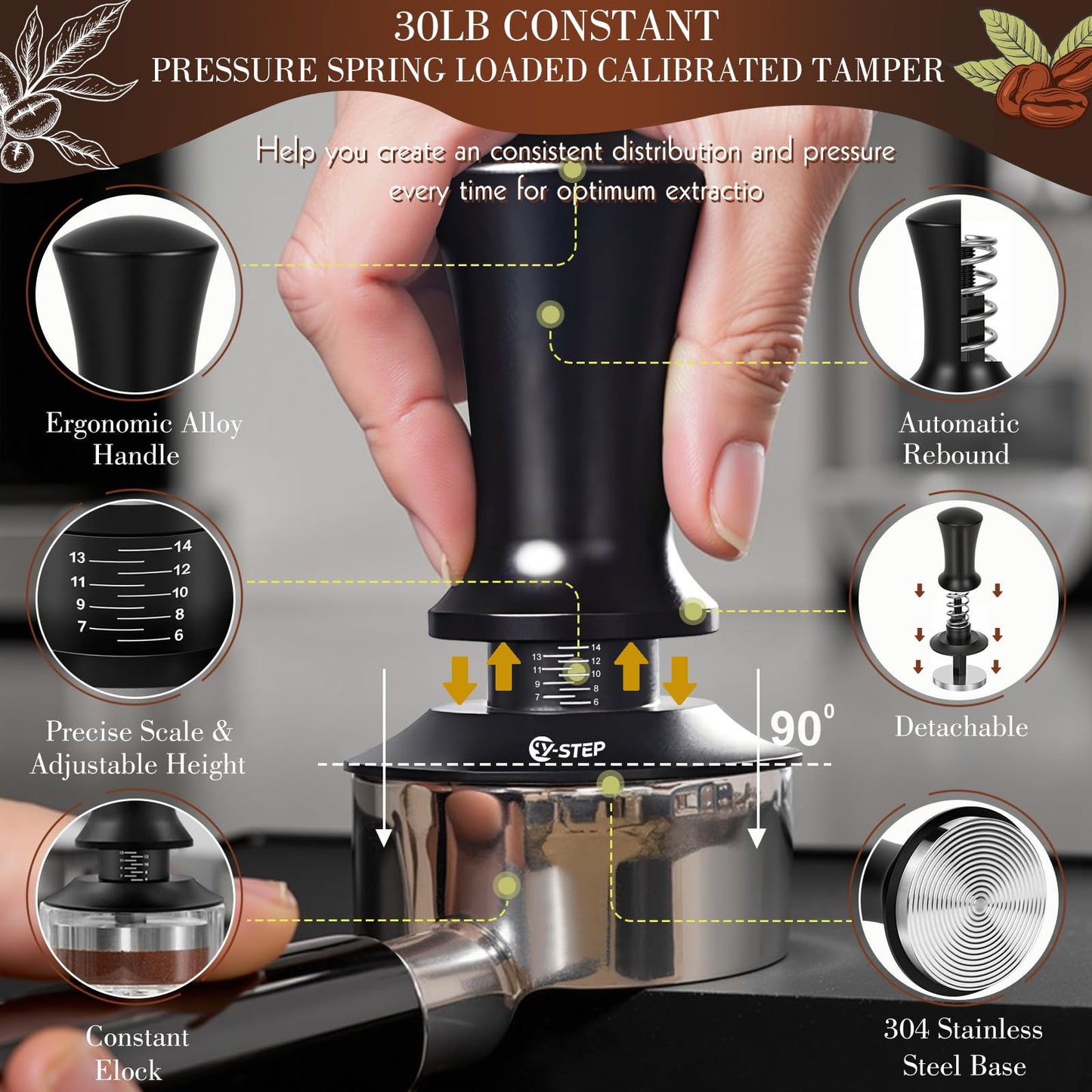 Y-Step 8 Pcs Espresso Accessories Kit, 51mm Espresso Tamper Kit Espresso Tools Barista Kit & Espresso Tamping Station, with 51mm Coffee Tamper, Distributor, WDT Tool, Dosing Funnel, Puck Screen, Brush