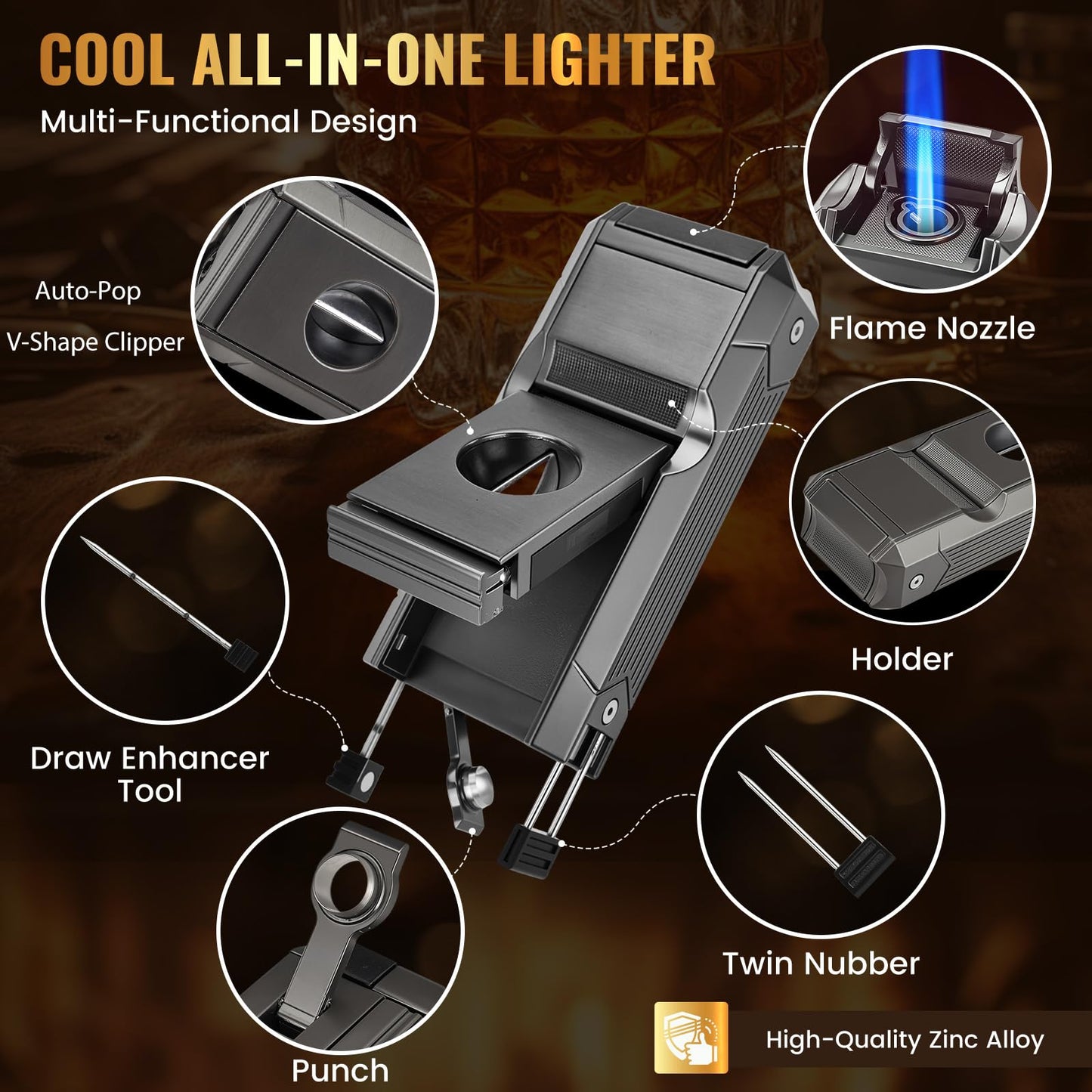 6-in-1 Torch Lighter with Twin Nubber, Auto-Pop V-Shape Clipper, Draw Enhancer, Holder and Punch, Refillable & Adjustable Windproof Butane Lighter, Premium Gift Box for Men & Travel Essential