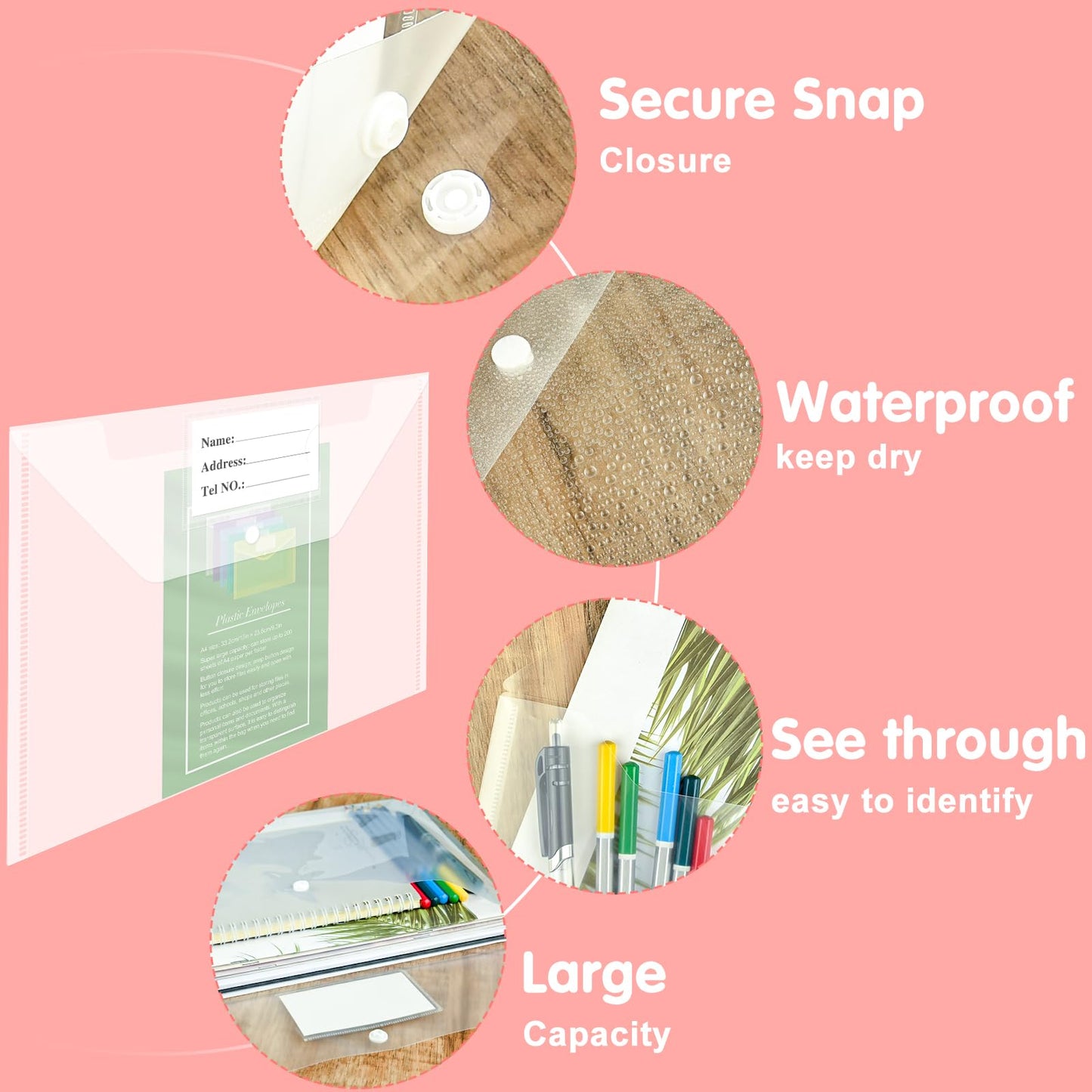 NACHLYNN 108 Pack Plastic Envelopes Plastic Folders with Snap Closure, A4 Size Clear File Envelopes with Label Documents Folders Organizers for Home Work Office Organization
