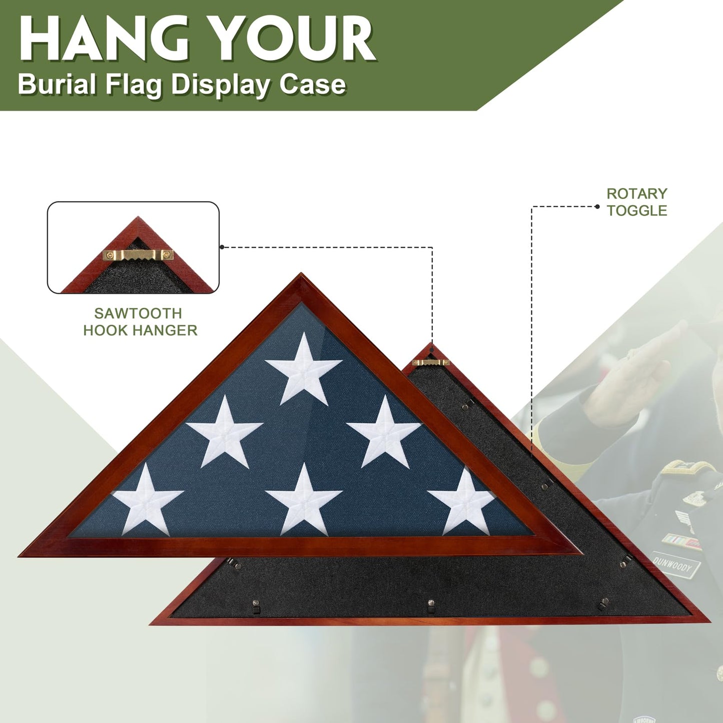 Flag Case for Burial Flag, 5' x 9.5' Funeral Flag Display Case Red Wood Memorial Flag Shadow Box for Military Veterans with Glass Covered and Wall Mounted
