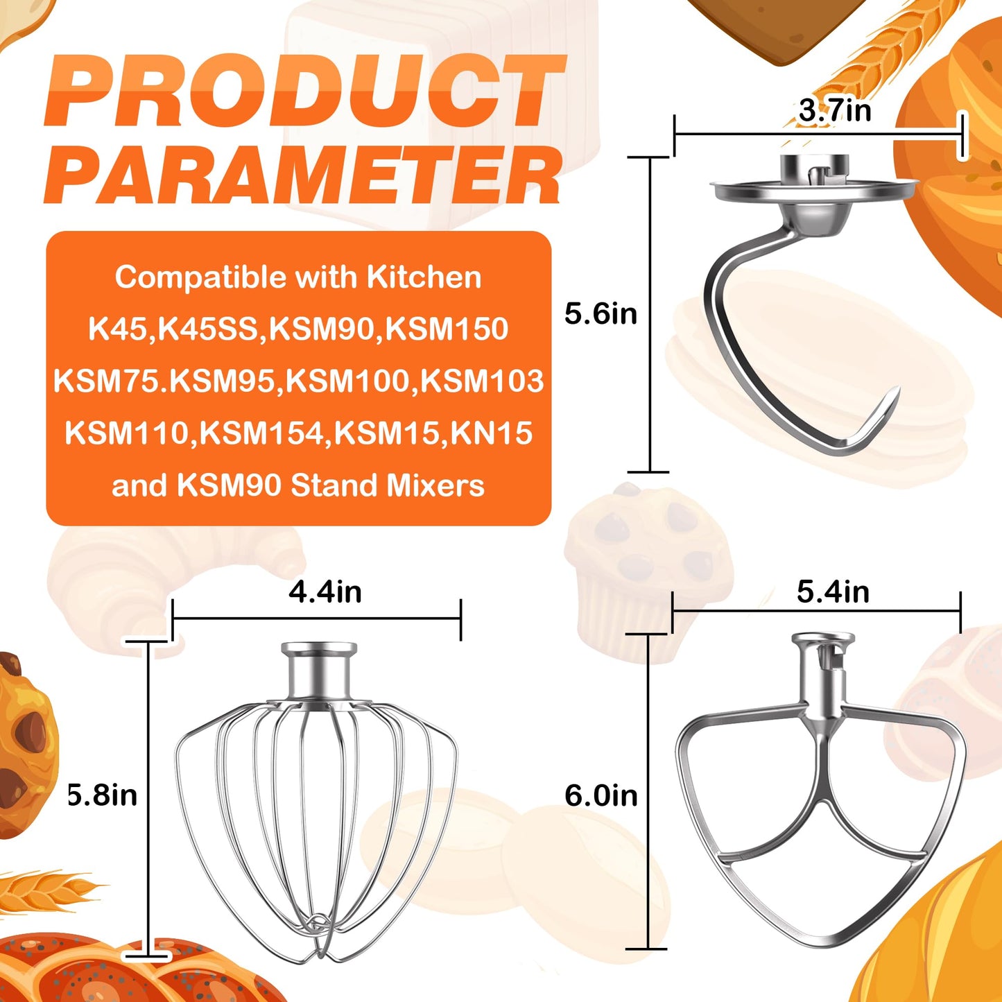 3 Pack Stainless Steel Mixer Attachments Set for KitchenAid 4.5-5 Quart Tilt-Head Stand Mixers, Replacement Parts Kit with K45DH Dough Hook, K45B Coated Flat Beater, K45WW Wire Whip, Dishwasher Safe