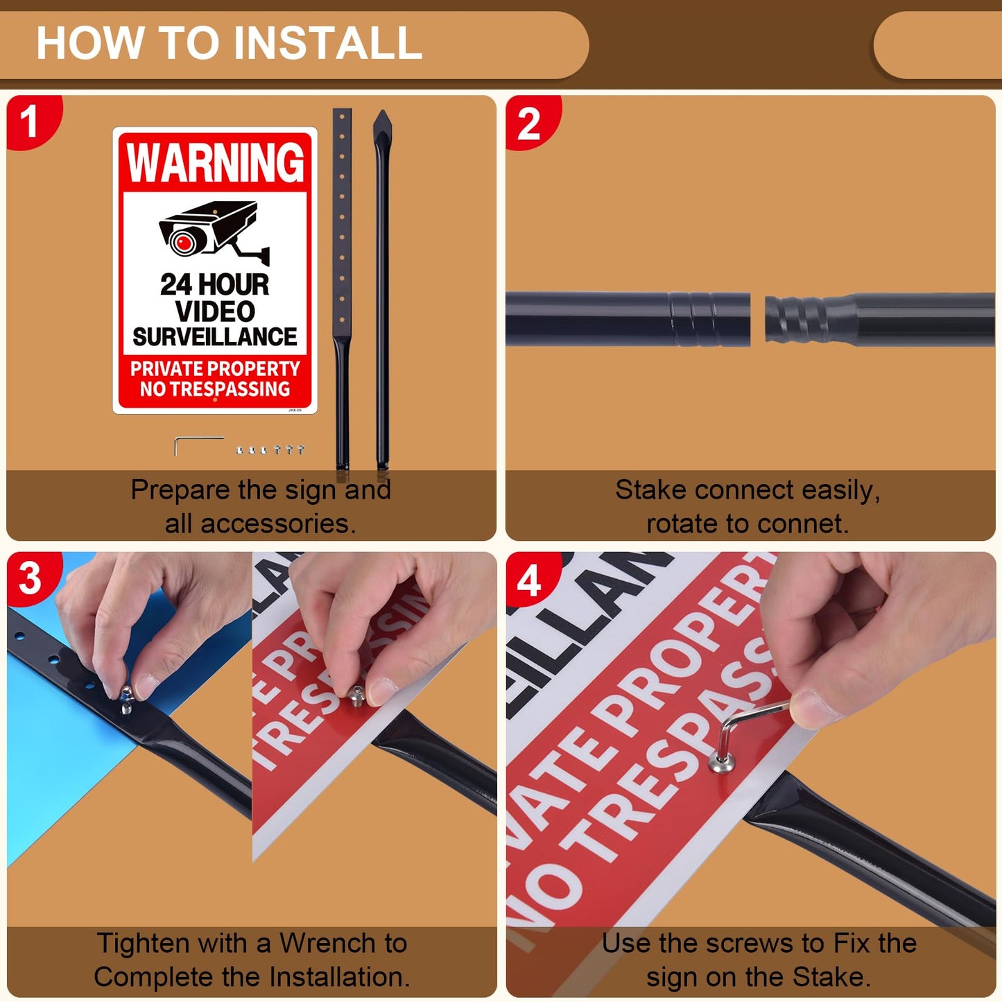 24 Hour Video Surveillance Warning Sign with 35-Inch Stake, 14"×10" Durable Security Sign for Private Property - Deter Trespassers & Enhance Security