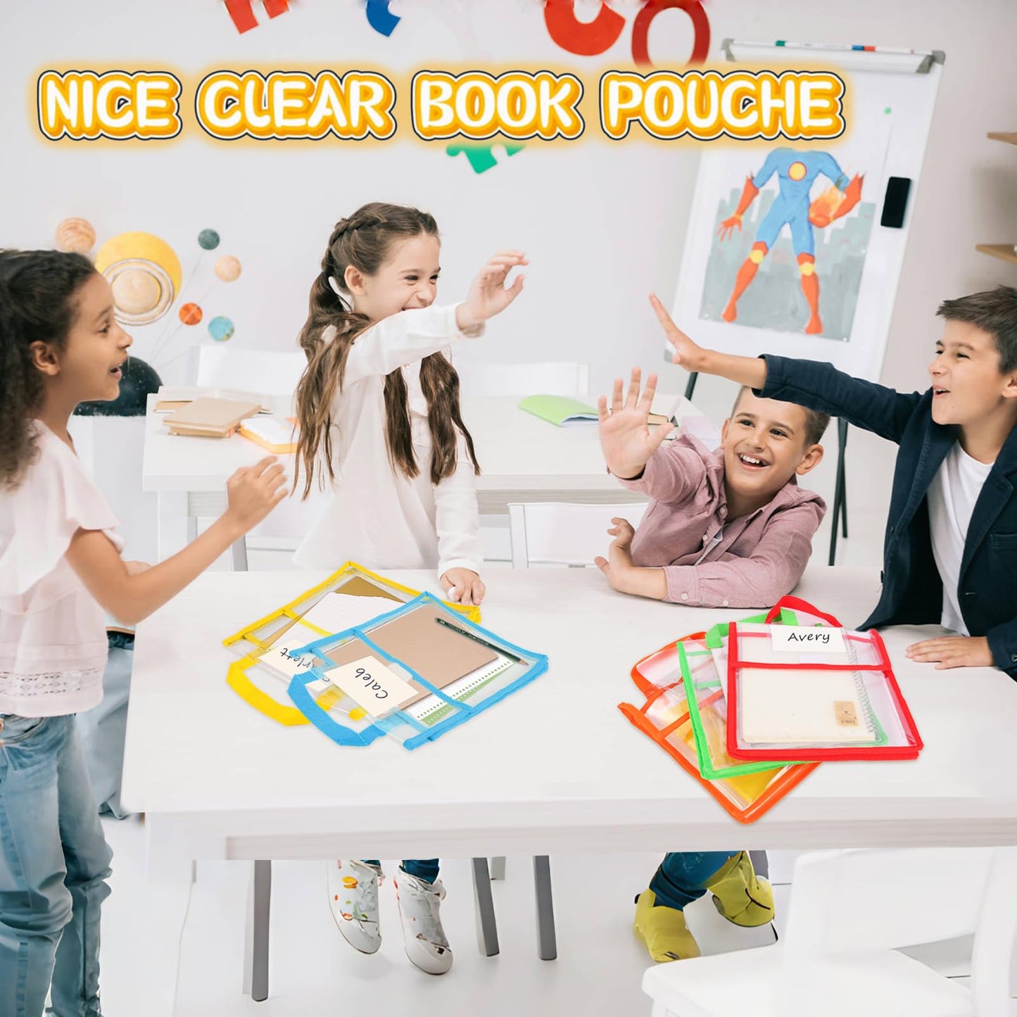 Tdfronien12 Pack Student Clear Book Pouches Bulk with Name Card Pocket and Handles Book Bags for Kids Organizing Storage Waterproof Pouches School Classroom Toys and Office (Bright Color,10 x 12 Inch)