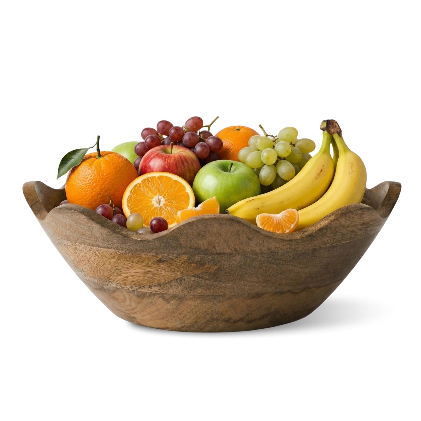 Mela Artisans 12 in Wide x 4 in Tall Scalloped Mango Wood Bowl – Hand-Carved Decorative Serving and Fruit Bowl with Visible Wood Grain for Kitchen Counter, Snacks, Bread and Home Decor