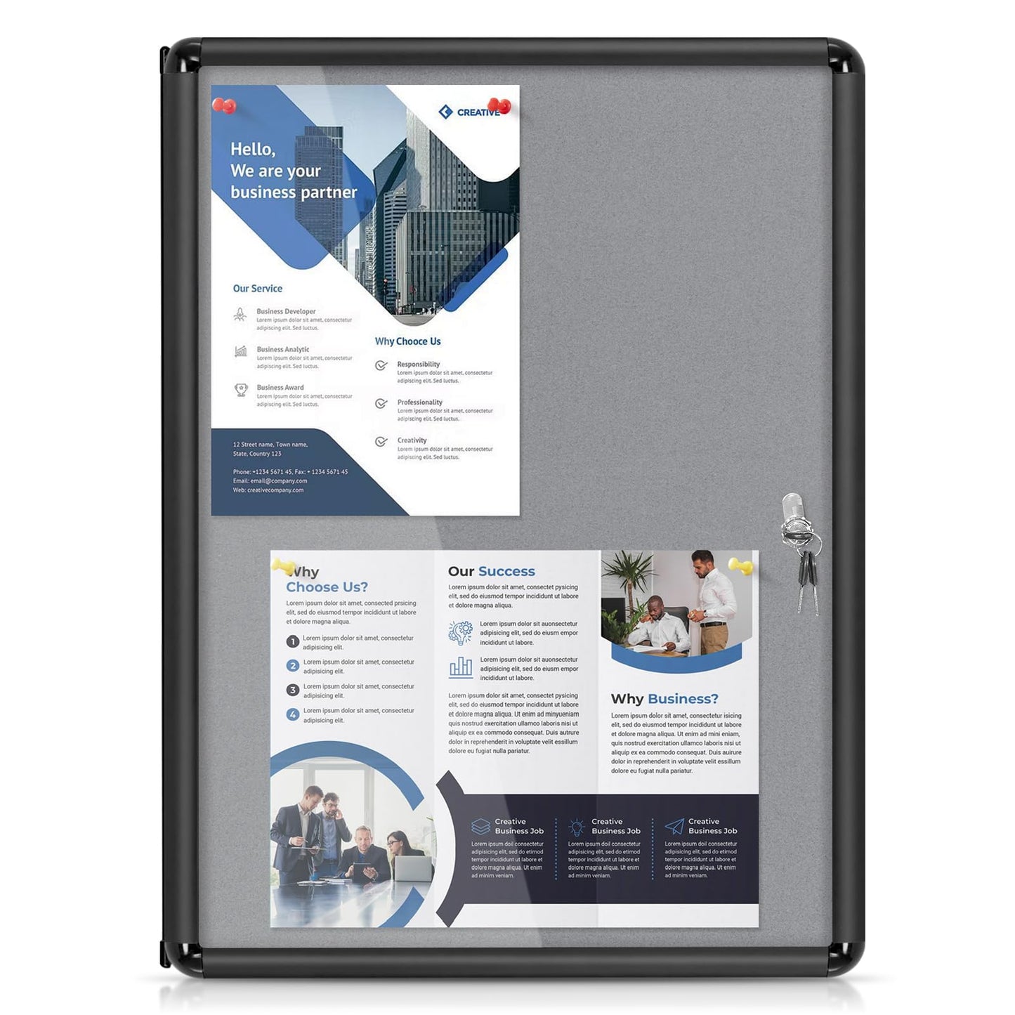 EVERSUPPLY Enclosed Bulletin Board 24x18 in, Lockable Felt Board Bulletin Board for Office School Home Commercial, Tamperproof and Shatter Resistant, Black Aluminum Frame, Grey Felt