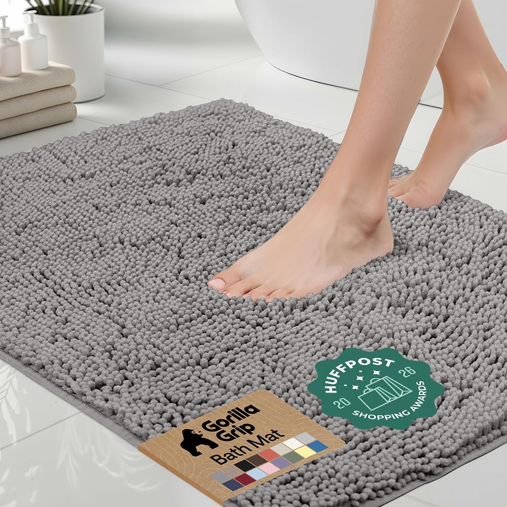 GORILLA GRIP Bath Rug Mat 54x24, Thick Soft Absorbent Chenille, Quick Dry Microfiber Mats, Rubber Backing Washable Shower Floor Rugs, Bathmat Runner, US Designed Bathroom Home Decor Accessories Grey