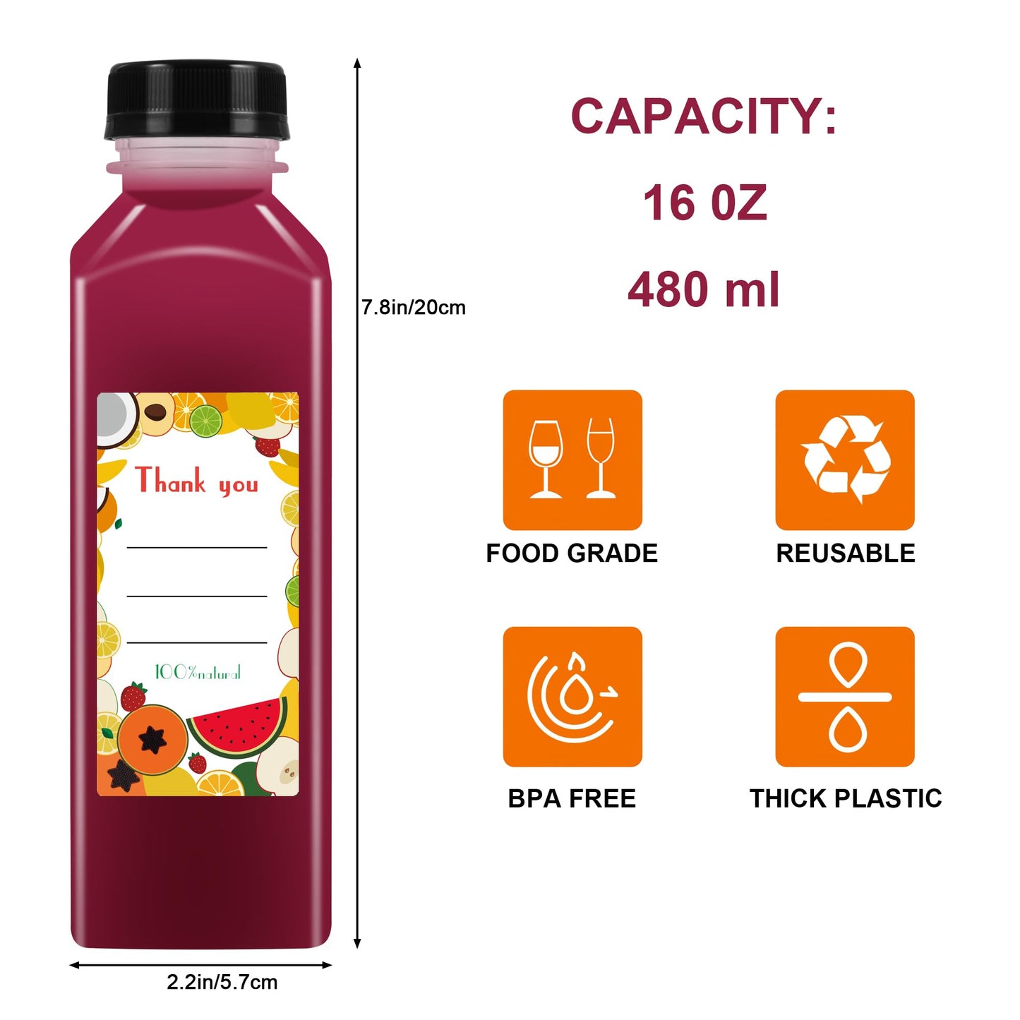 Garandad 36pcs 16 oz Plastic bottles with lids,Juice bottles with caps, Reusable Clear Bulk Beverage Containers for Juice, Milk and Other Beverages