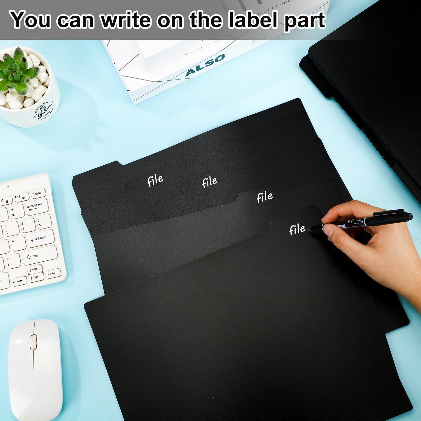 50 Pcs Tab File Guides Set with 2 Pcs Self Adhesive Alphabet Mailbox Numbers Sticker Alphabetical File Dividers Index Card Dividers with Tabs for Office Classroom, 11.7 x 10 Inches (Black)
