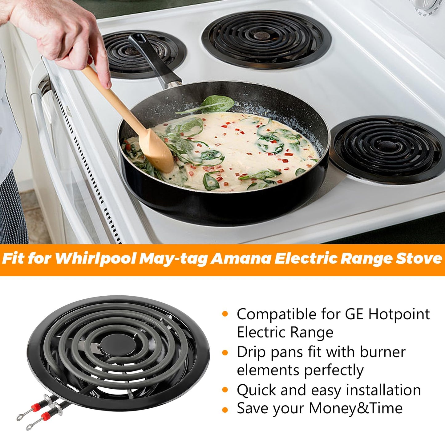 W10290350 W10290353 Porcelain Electric Stove Burner Drip Pans and MP22YA Electric Range Burner Element MP15YA(6") MP21YA(8") by Blutoget- Fit for Whirlpool May-tag Amana Electric Range Stove