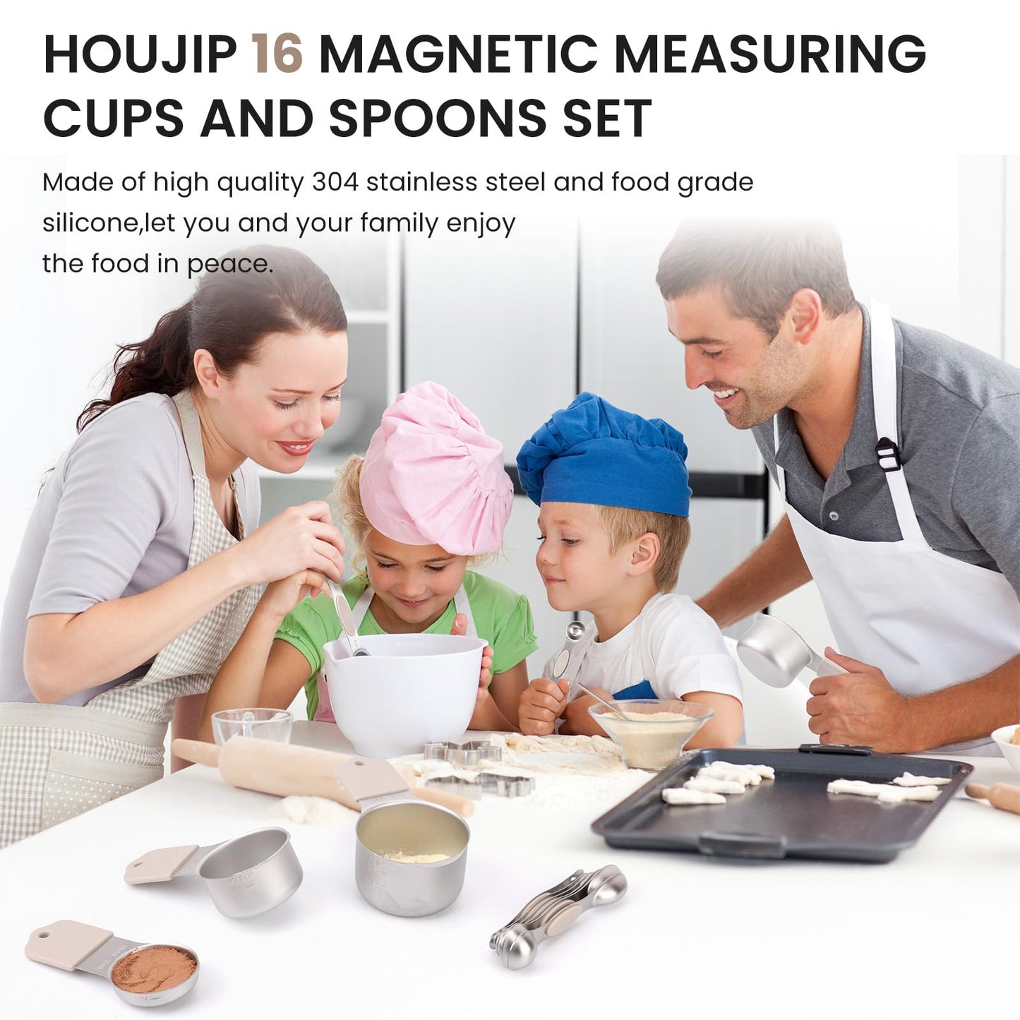 Magnetic Measuring Cups and Spoons Set-Heavy Duty 304 Stainless Steel，Double Measurement Markings，Set of 16 with Leveler for Measure Dry and Liquid Ingredients (khaki)