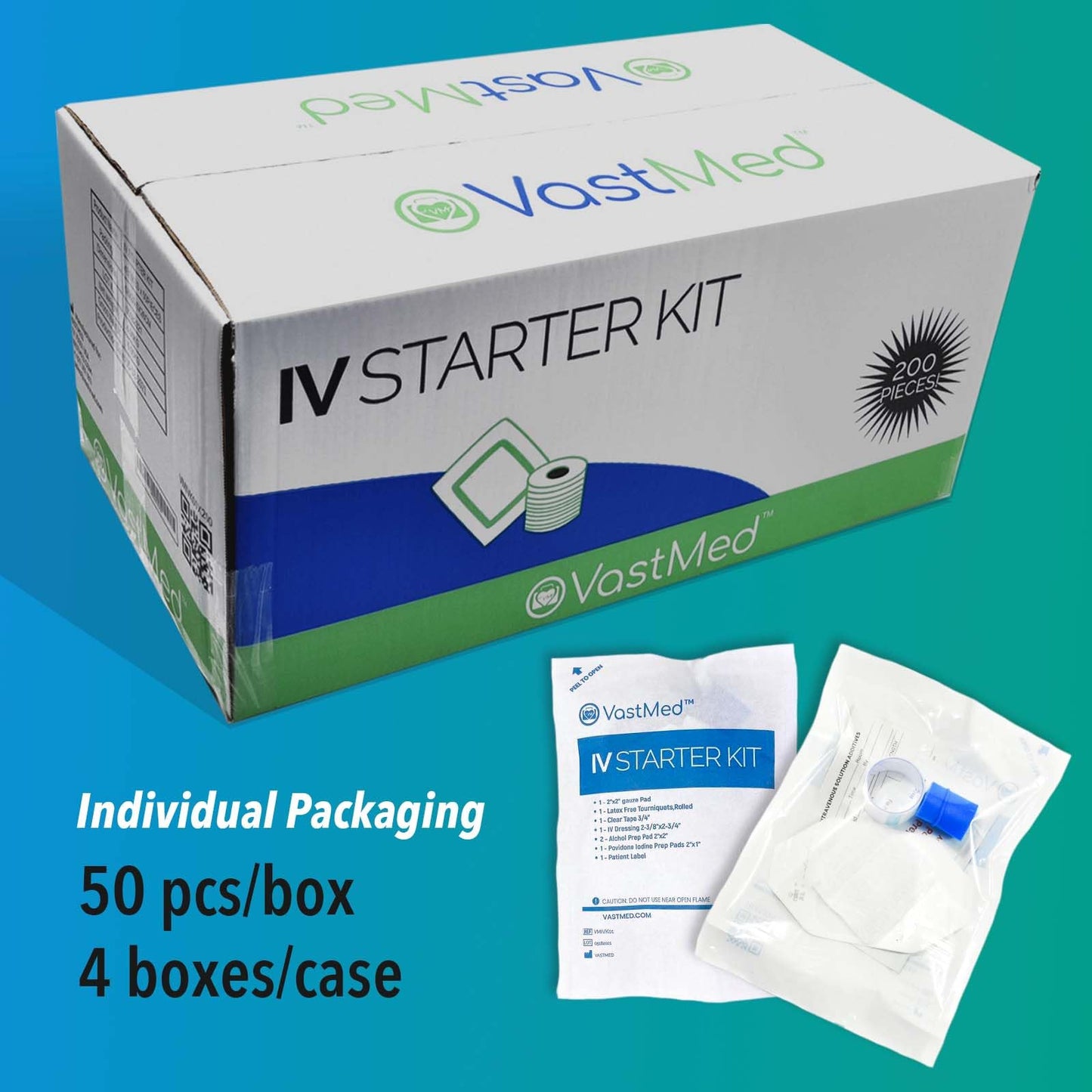 100 PCs IV Starter Kit with Gauze/Chlorascrub Swab LF by VASTMED | Posi-Guard Catheter Securement Device & Transparent Window Dressing | Latex-Free Tourniquets
