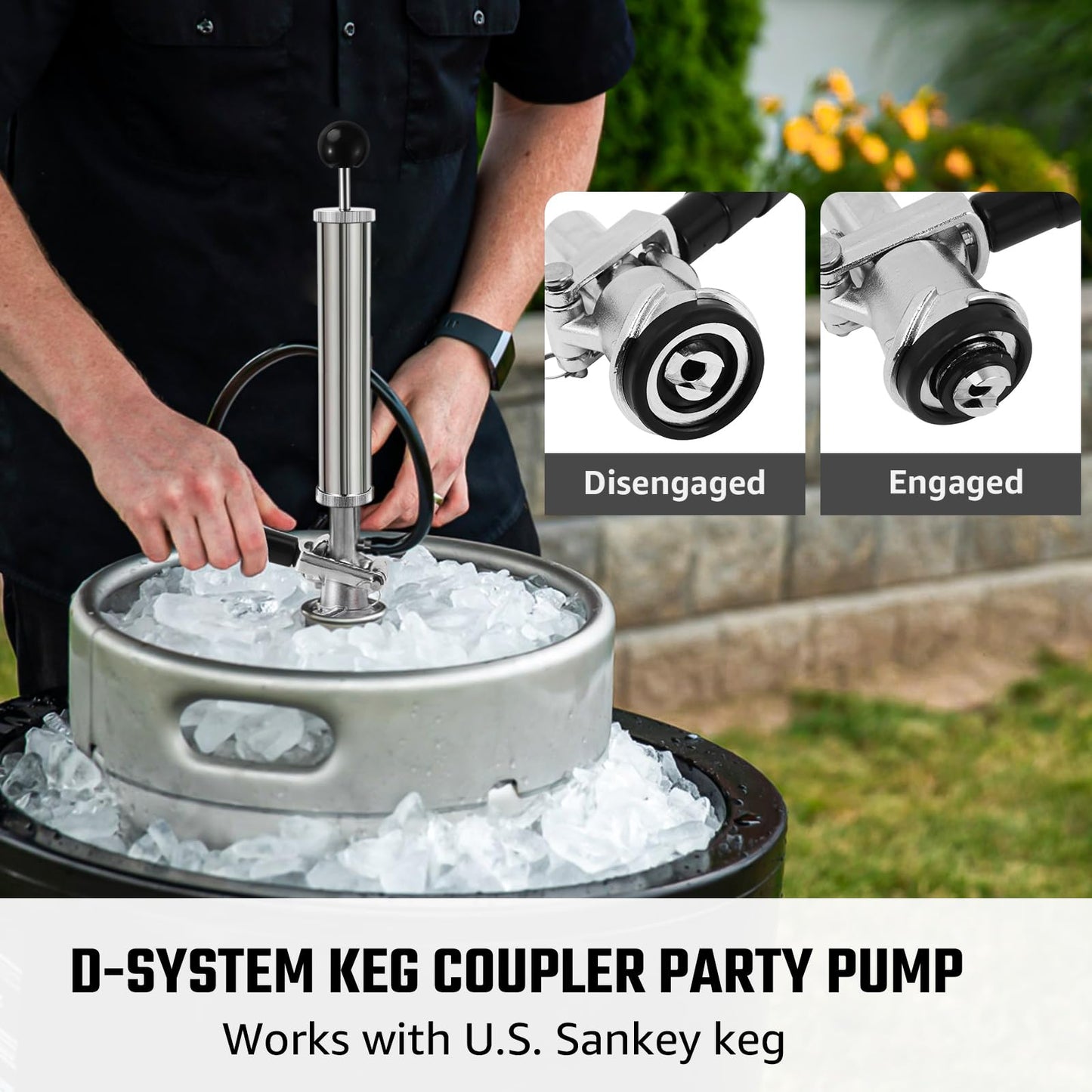 Hilangsan 8” Keg Tap Beer Keg Party Pump, D System Beer Taps for Kegs, Kegerator Tap Stainless Steel Probe Coupler Beer Tap with Beer Line Faucet Hose Clamps for US Sankey Homebrew