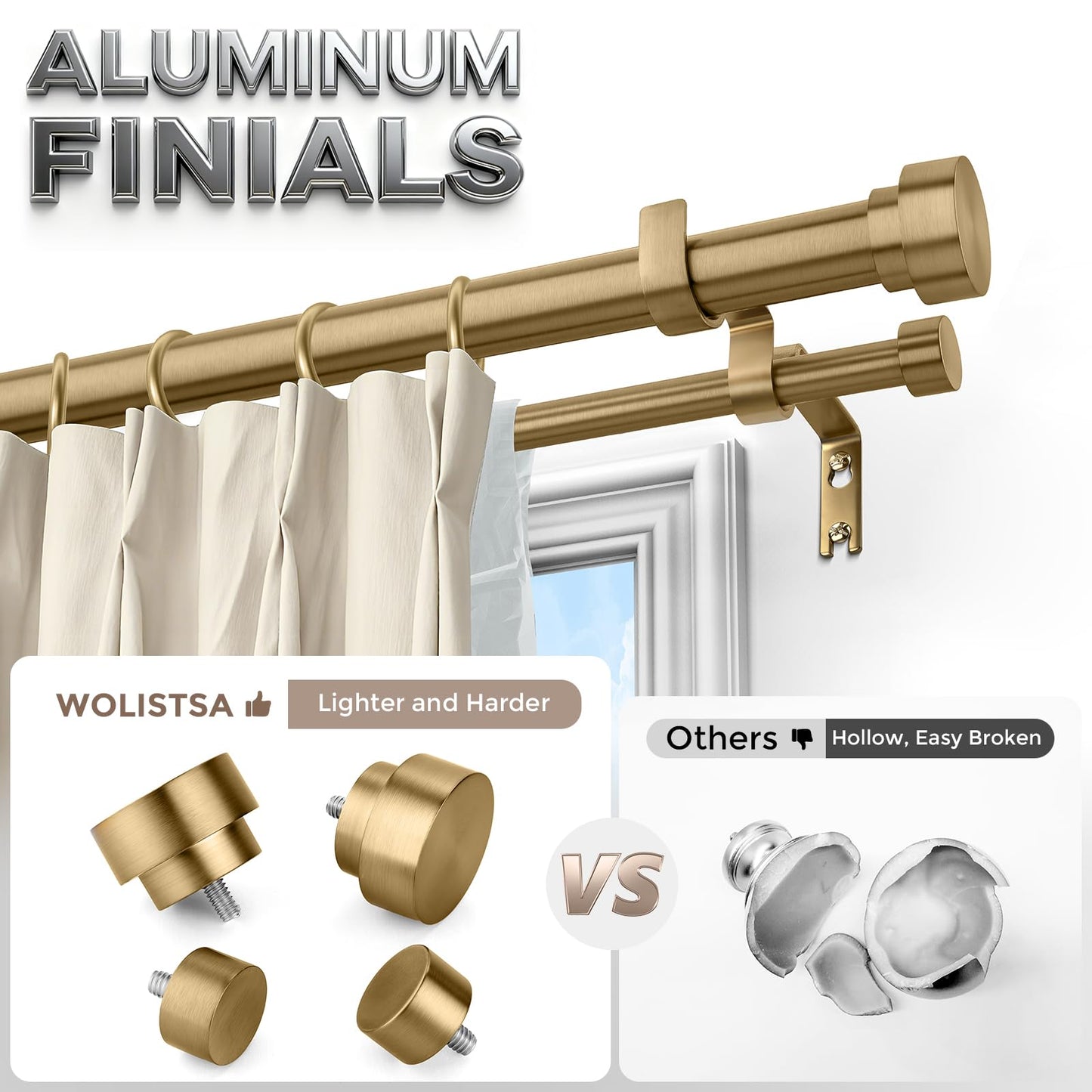 Wolistsa Brass Double Curtain Rod, Warm Gold Extra Long Dual Curtain Rods for Windows 72 to 144 Inch, 1 Inch Adjustable Heavy Duty Spliced Double Rod, Pro-Plating Process, Aluminium Finials