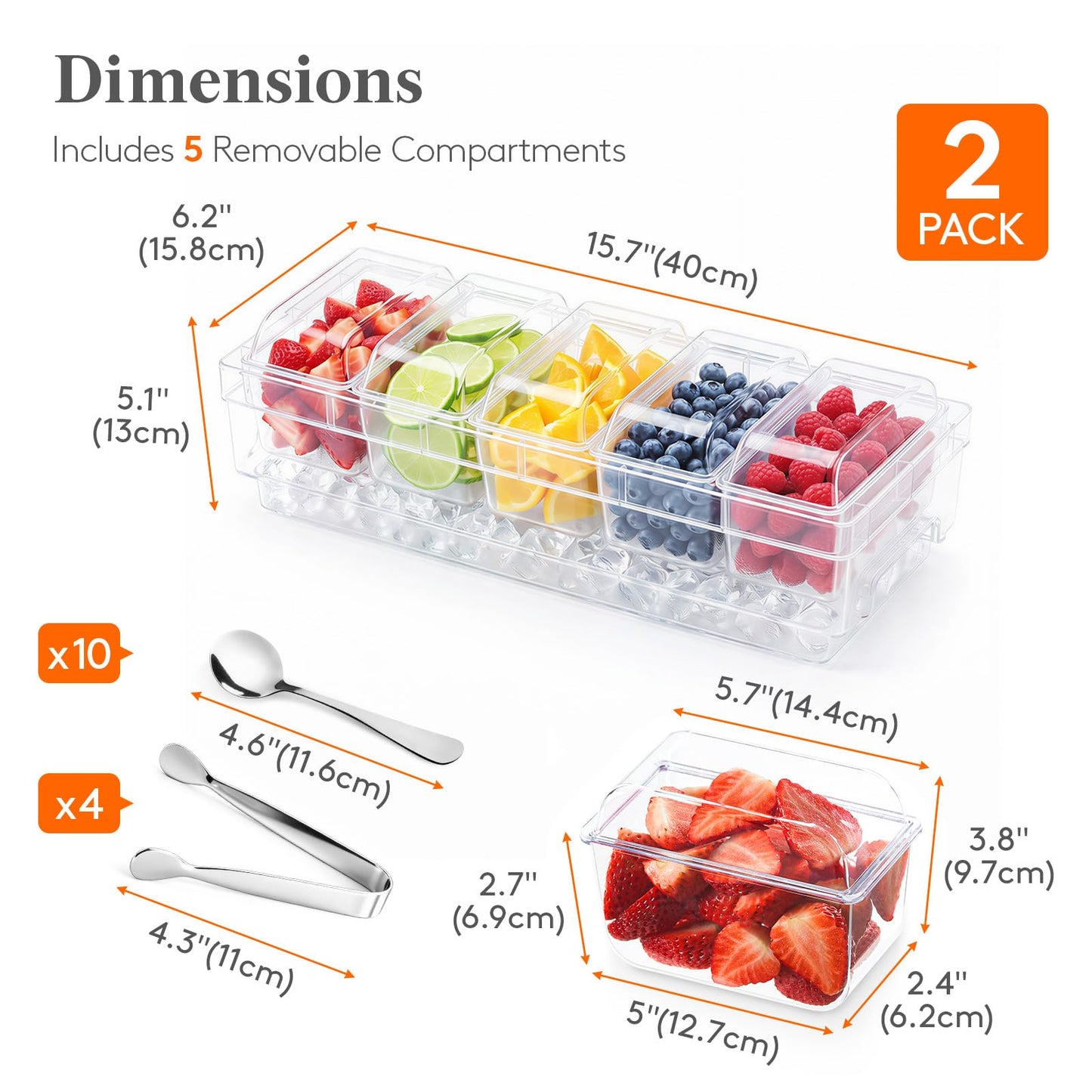 Lifewit Chilled Condiment Caddy with Lids 2 Pcs, Serving Set for Party with 5 Containers & Accessories, Garnish Tray for Bartender, Server Platter for Taco & Mimosa Bar, Lemonade Stand, Buffet Hosting