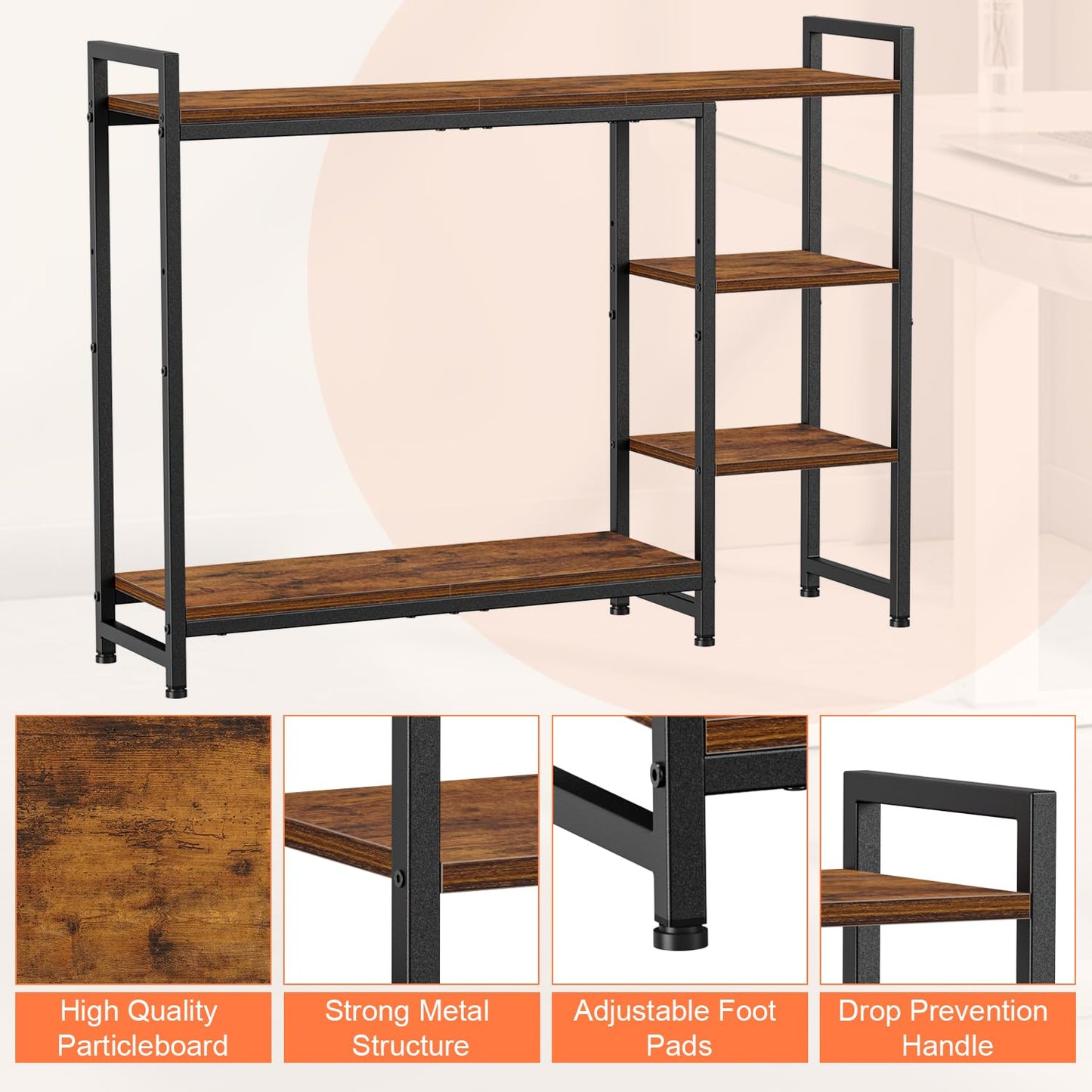 Snughome Adjustable Desk Shelf with Monitor Stand, 38.6" Desktop Organizer Hutch, Height Adjustable Computer Monitor Riser & 4 Tier Storage Bookshelf for Home Office Dorm