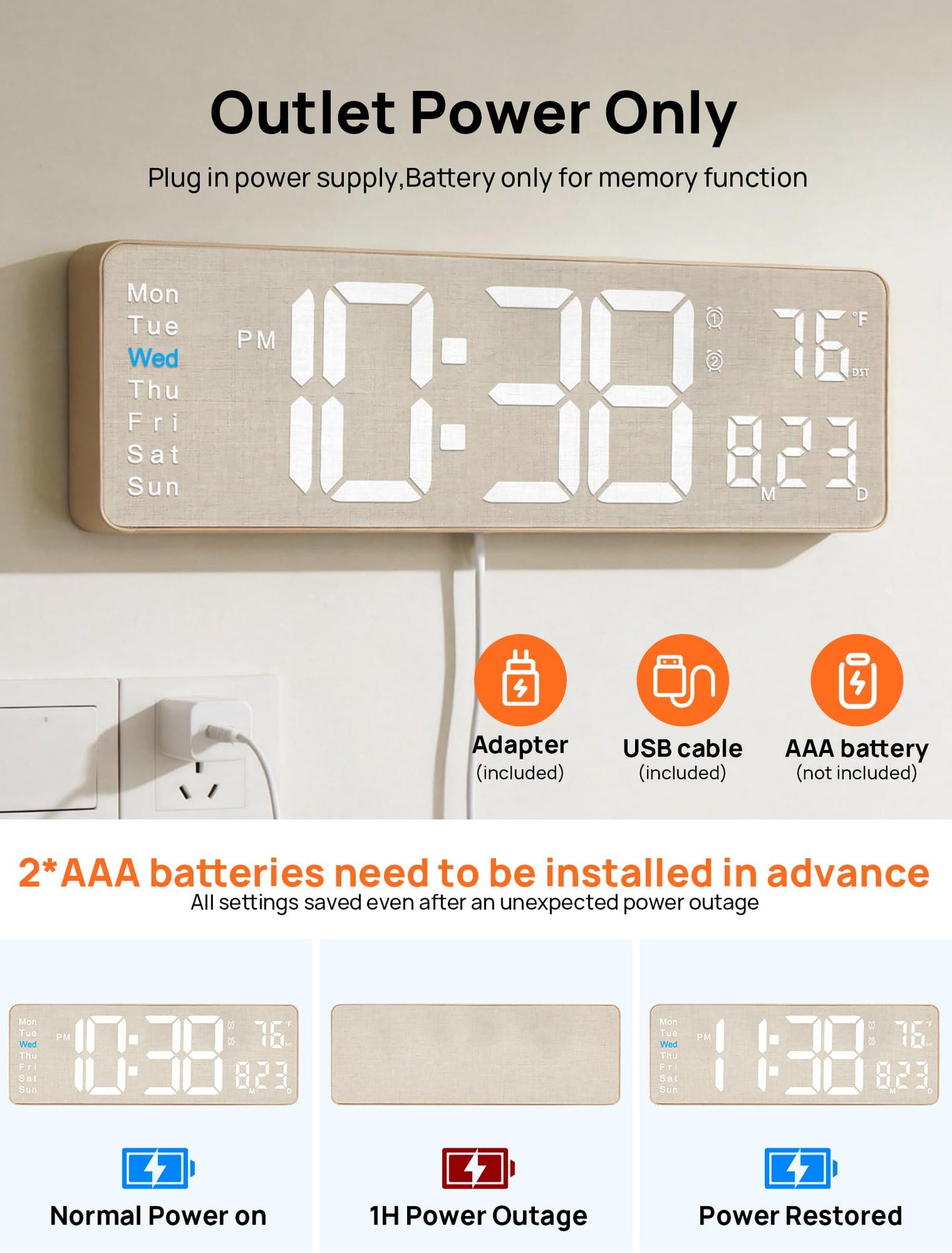 MASHI 2026 Upgrade Digital Wall Clock, 16" Large Display Digital Clock with Remote Control, Auto-Dimming Wall Clock with Night Light, DST, Date Week,Temp for Living Room, Gift for Elderly (Beige)