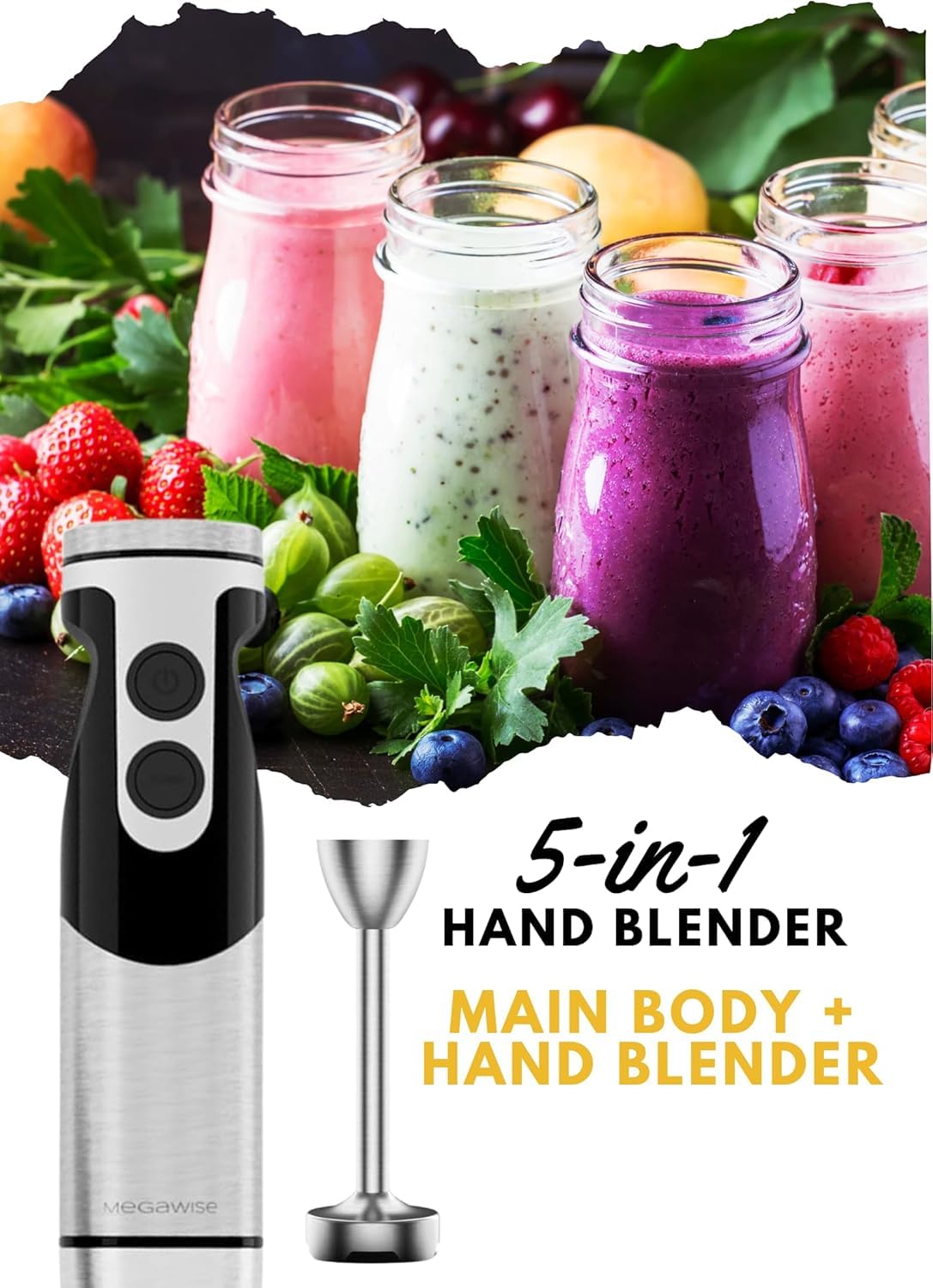 MegaWise Pro Titanium Reinforced 5-in-1 Immersion Hand Blender, Powerful Motor with 80% Sharper Blades, 12-Speed Corded Blender, Including 500ml Chopper, 600ml Beaker, Whisk and Milk Frother (Black)