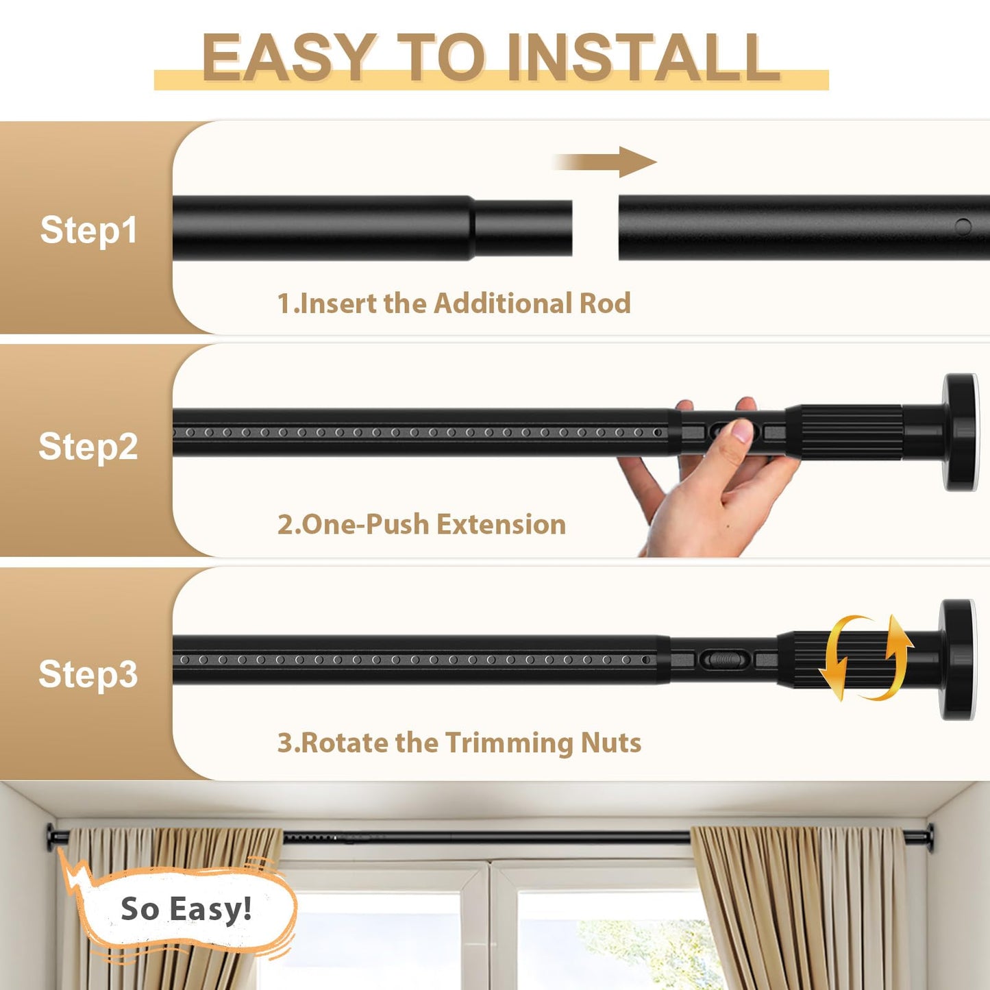 ZipGlo Black Tension Curtain Rod 41-126 In(4-10Ft), Long Curtain Rod No Drilling for Window or Bathroom,Outdoor Tension Rods for Patio, Heavy Duty Shower Rod,Rod Diameter 1.26In-One-bond stretching