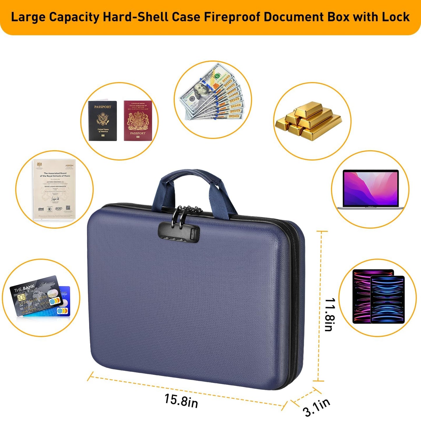 Fireproof Document Organizer Bag, 5200℉ File Organizer Safe Box, Hard Shell Document Bag with 13 Pocket Accordion File Folder (5200℉-Blue)