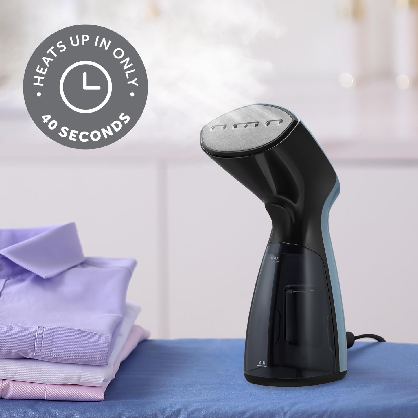 Sunbeam 1000W Compact Handheld Steamer for Clothes, Portable, Travel Steamer, Non-Stick Head, 30s Heat Up, 8 Minutes Continuous Steam, 110ml Water Tank, Bristle Brush, Storage Bag, Blue/Black