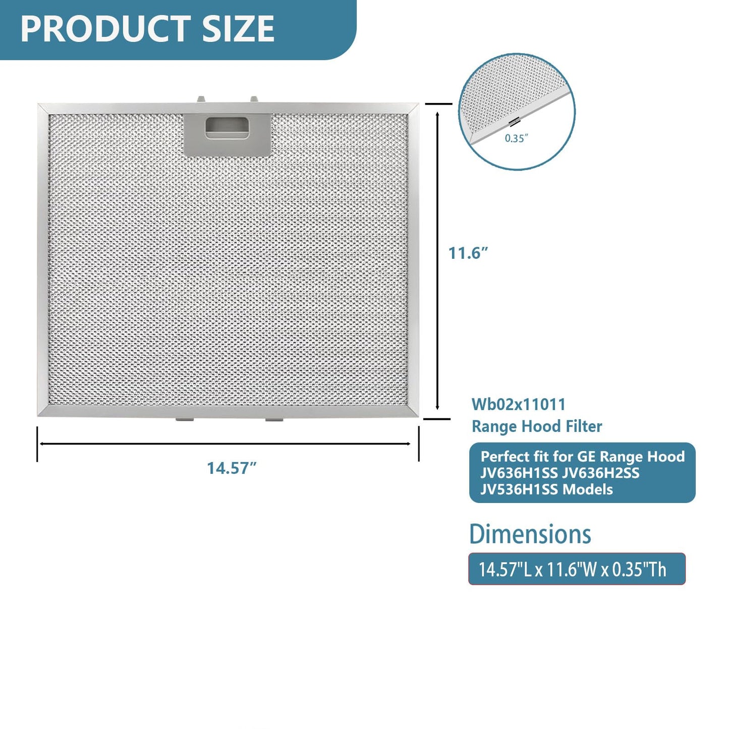 WB02X11011 Range Hood Filter Replacement For GE Range Hood JV636H1SS JV636H2SS JV536H1SS JV536H2SS JV535H1WW JV635H1BB JV635H2CC 14-1/2" x 11-5/8" 5-Layer Aluminum Mesh Grease Filter 2 Pack