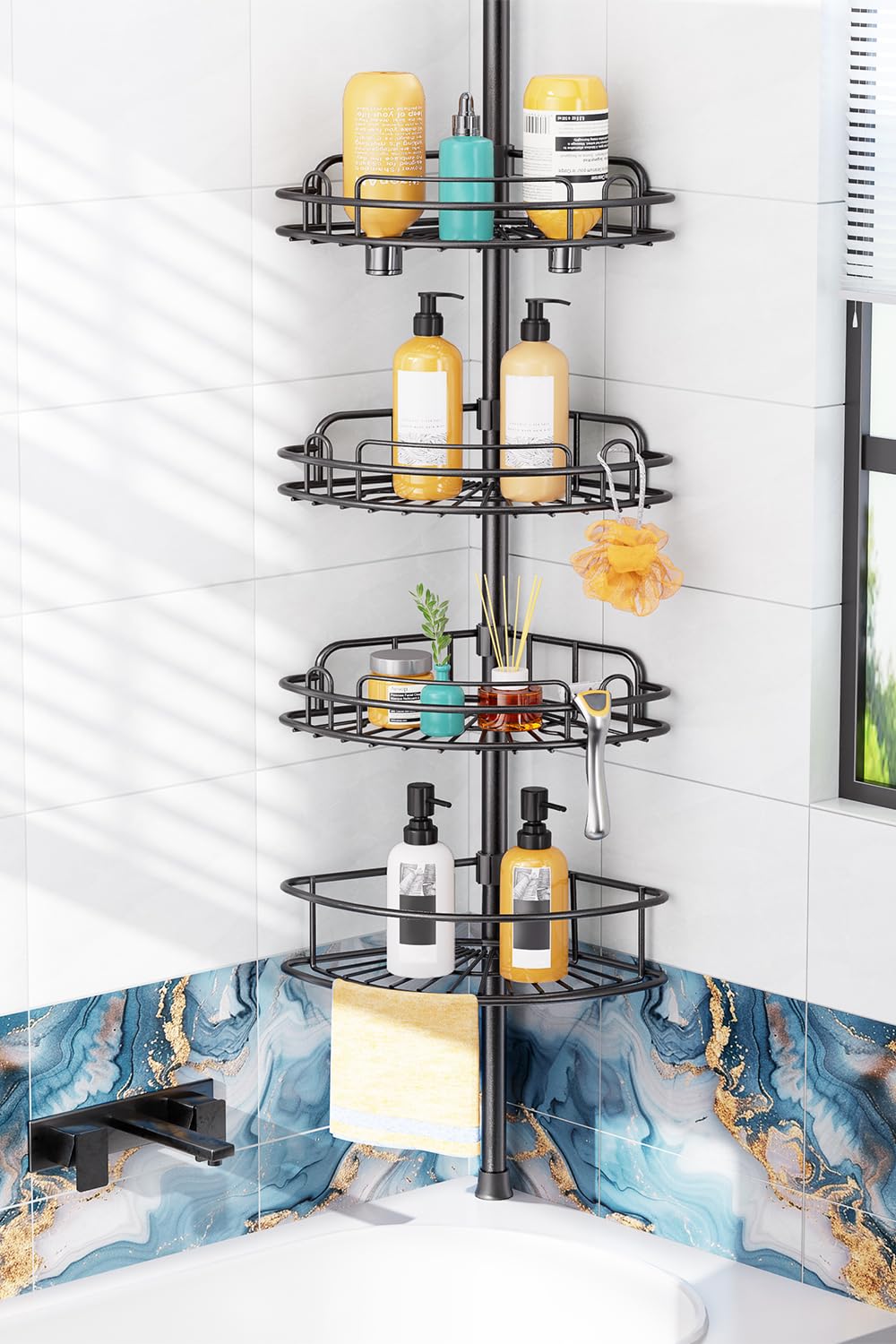 HAMITOR Shower Caddy Tension Pole: 4-Tier Rustproof Bathroom Corner Shelf Organizer for Renters - No Drill Large Shampoo Storage Rack - Adjustable 47-121 Inch - Space Saving Bathtub Accessory - Black