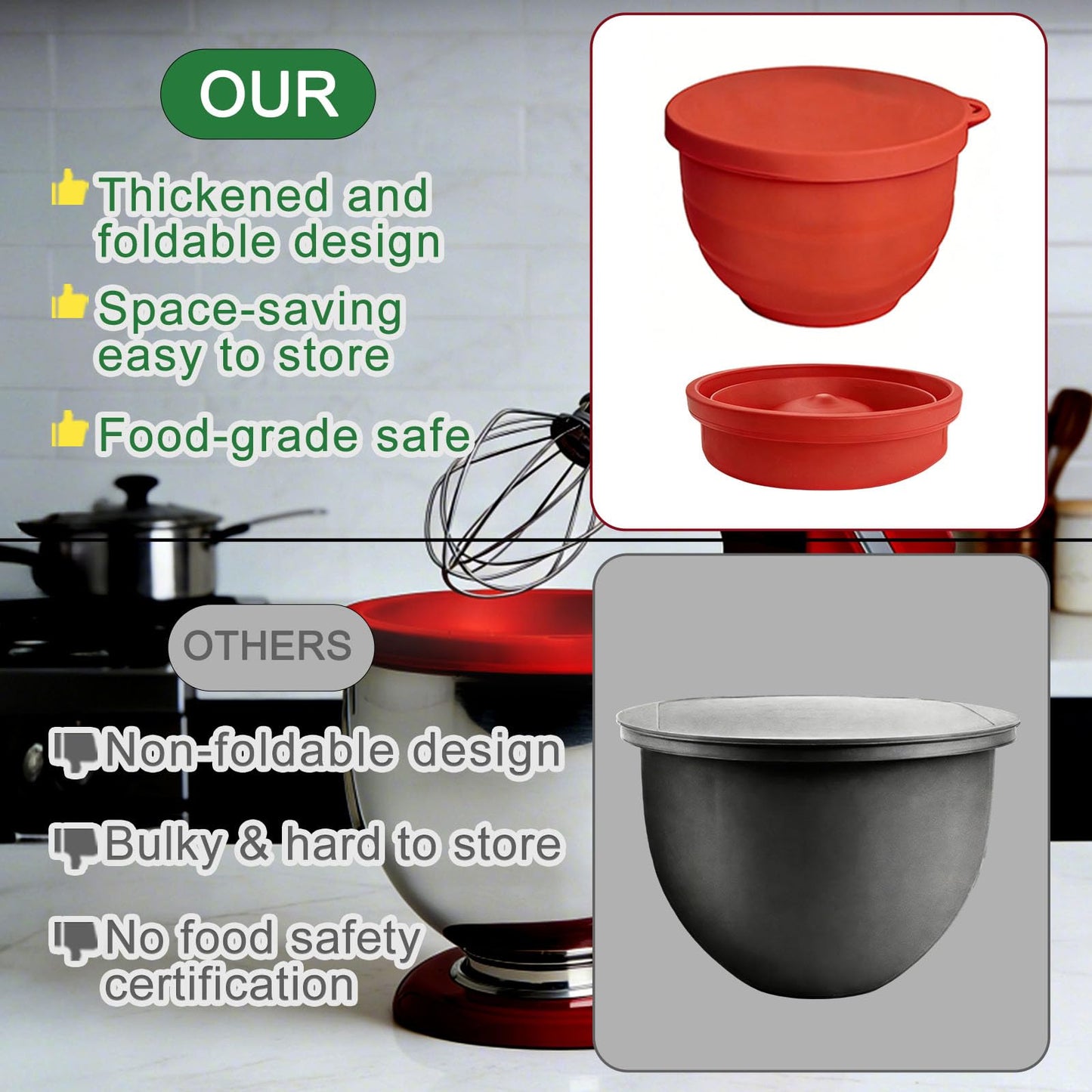 Upgraded Collapsible Silicone Bowl Liners for 5 Qt KitchenAid Tilt-Head Stand Mixer - 3 Liners with Airtight Lids, Heat-Resistant Mixer Accessories (3Pcs)