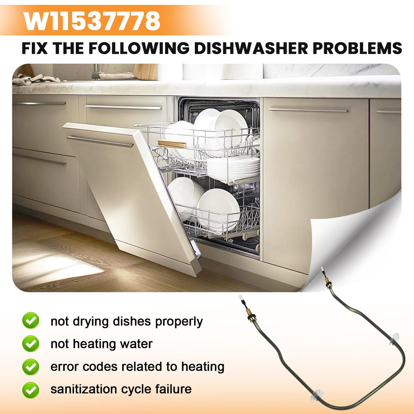 W11537778 Dishwasher Heating Element with W11538351 Terminal Nuts Replace W11537778 W11412298 W11536143 W11536777 W11537777 AP7014587 Compatible with Kenmore Jenn-Air KitchenAid Maytag Whirlpool