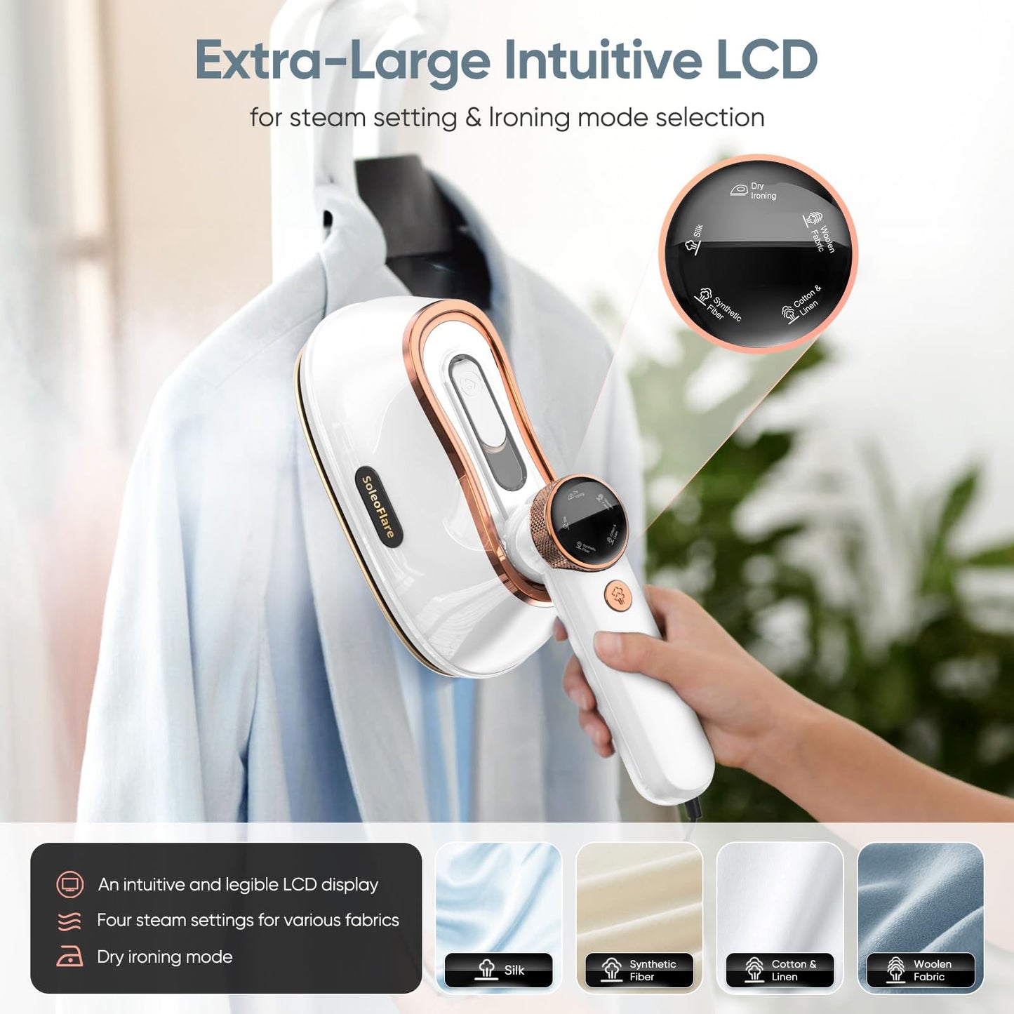 SoleoFlare Steamer for Clothes & Iron 2in1, 1200W Travel Steam Iron, 5 Modes LCD, 180ml for 20 Min Steam, UL 141 Tests Passed, White, 120V
