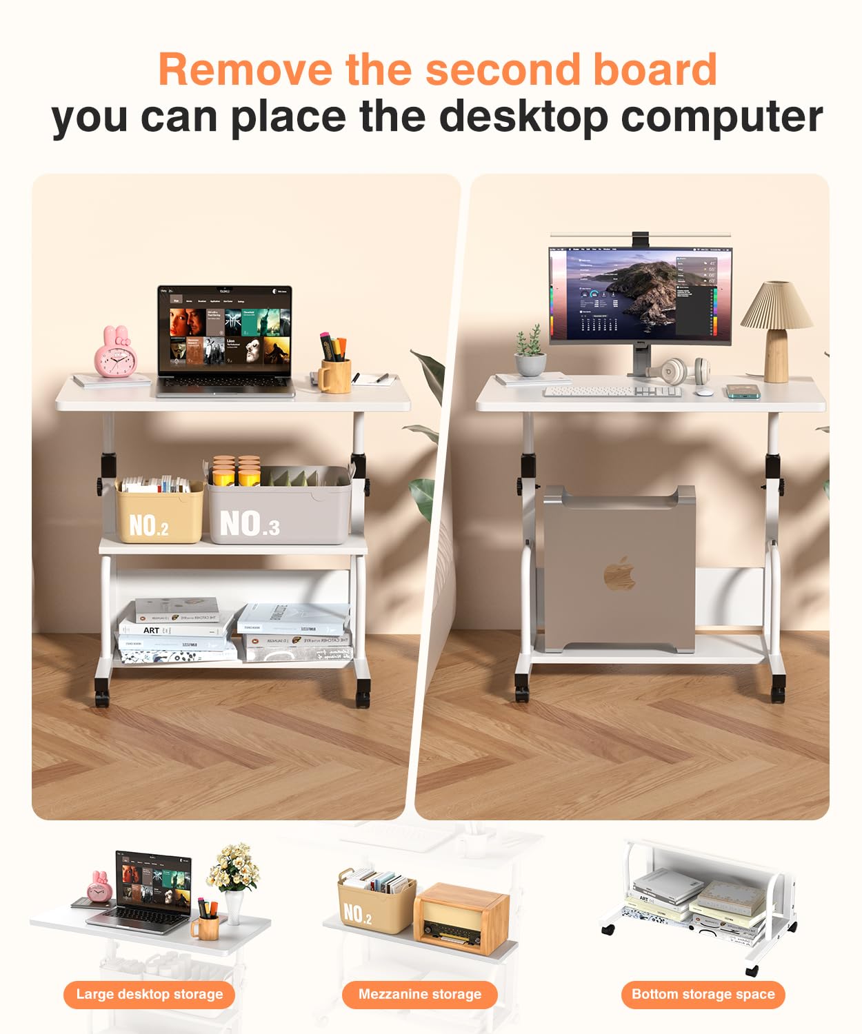 QZMDSM Portable Desk with Wheels Small Standing Desk on Wheels Adjustable Height Rolling Desks for Small Spaces, 32" Computer Desks with Storage Shelves for Home Office Study White