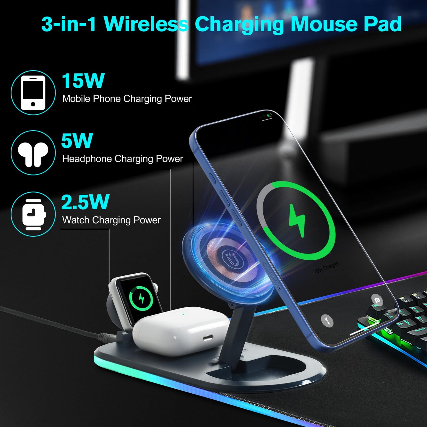 ELUTENG 4-in-1 RGB Gaming Mouse Pad with Phone Holder, Wireless Charging Desk Mat, Waterproof Ultra-Smooth Large Keyboard Pad, Non-Slip Base Home Office Desk Mat 35.43"x15.75"