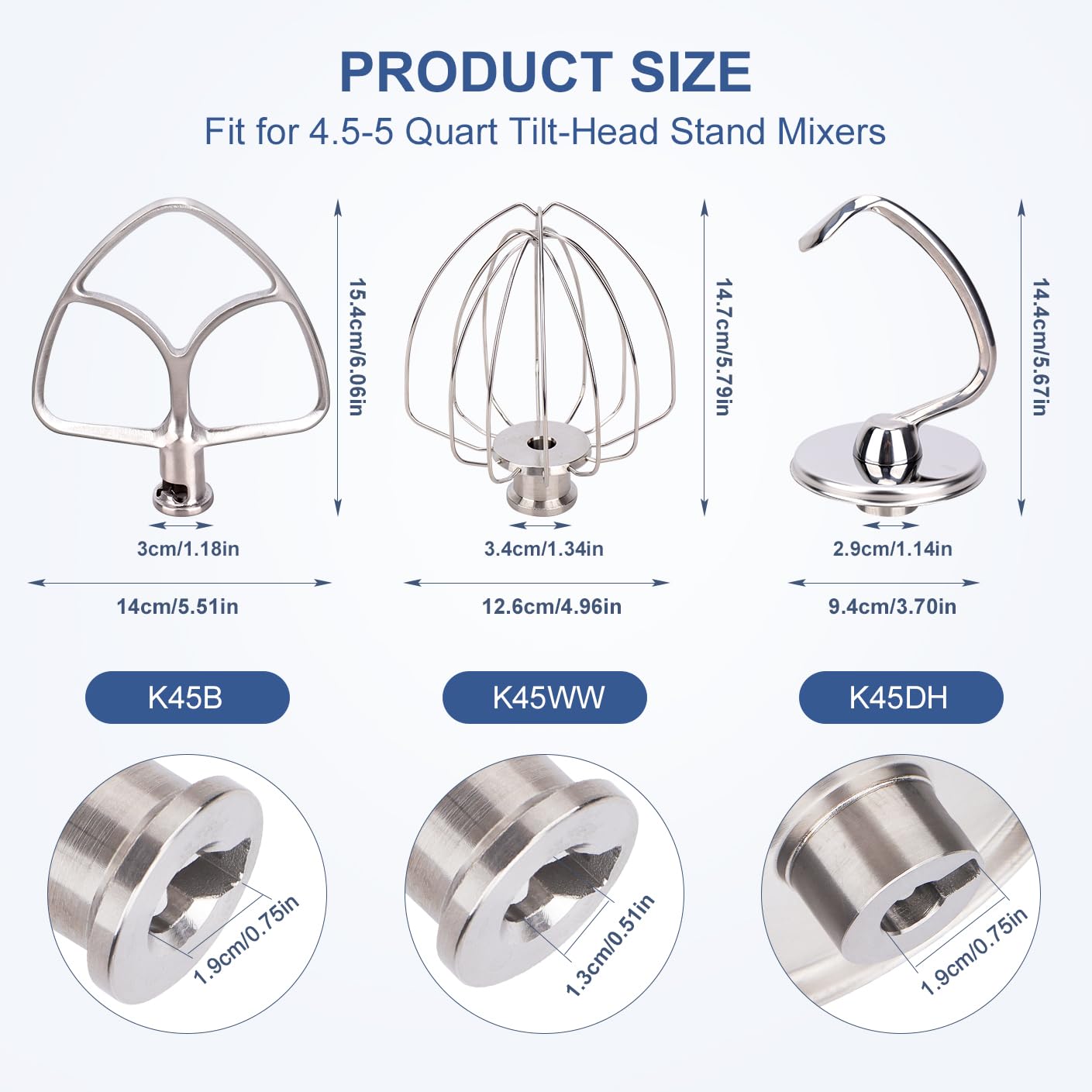 4.5-5 Qt Stand Mixer Attachments for Kitchenaid K45DH Dough Hook K45B Flat Beater K45WW Wire Whip Whisk Kitchen Aid Accessories for KitchenAid 4.5-5 Qt Tilt-Head Stand Mixers,Stainless Steel