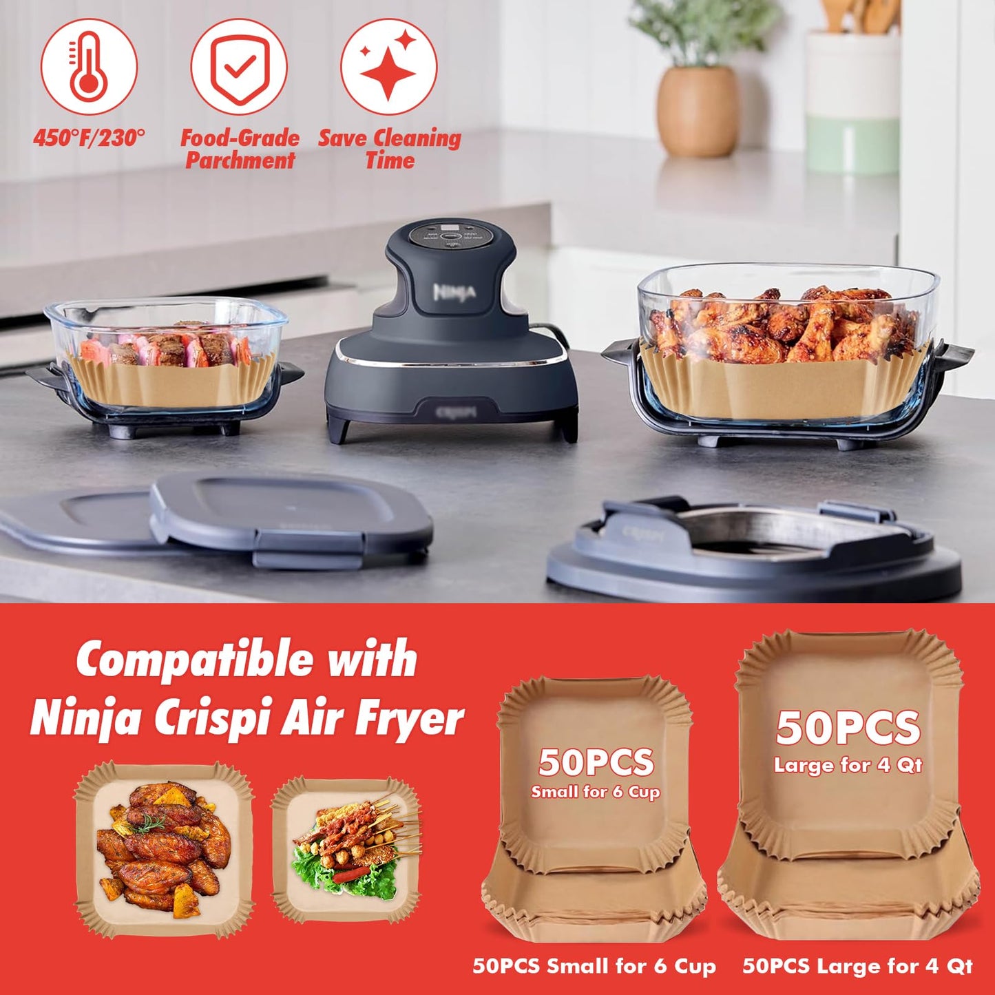 Air Fryer Accessories for Ninja Crispi 4QT & 6-Cup Glass Containers FN101GY | FN101ST | FN101SG | FN103BF, 12 Piece Ninja Crispy Accessories Silicone Liners, Paper Liners Disposable, Trivet Mat