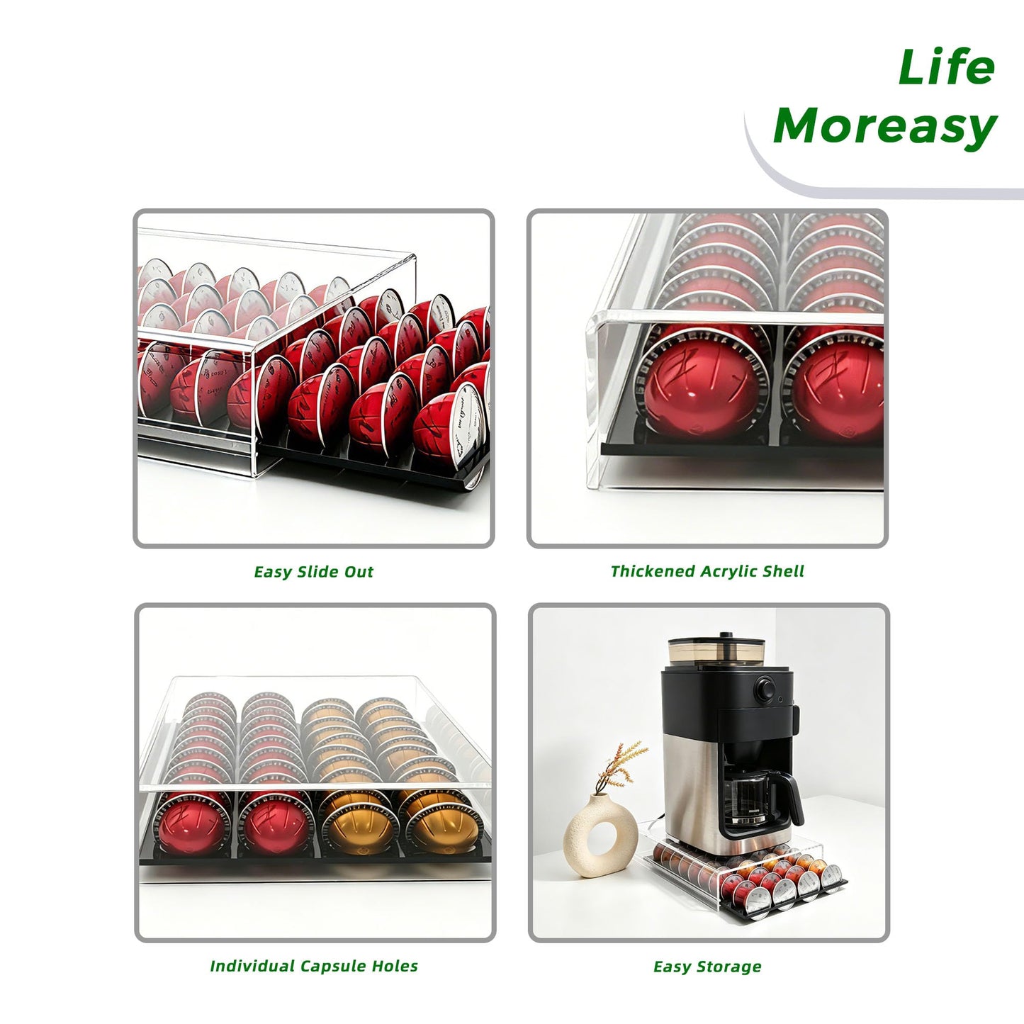 Lovemolly Acrylic Capsule Drawer for Nespresso Vertuo, 40 Pod Coffee Organizer with Thickened Shelf Hold Up to 22 lbs, Countertop Storage Fits Under Coffee Maker, 15"L x 10.7"W x 2.9"H
