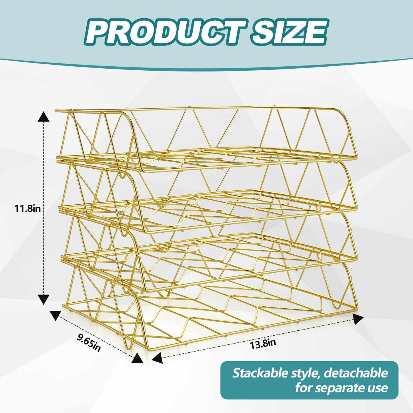 Yeaqee 4 Tier Stackable Gold Desk Organizer Paper Tray Rack Metal Letter Desk File Organizer Horizontal Holder File Trays for Office Desktop Supplies and Accessories