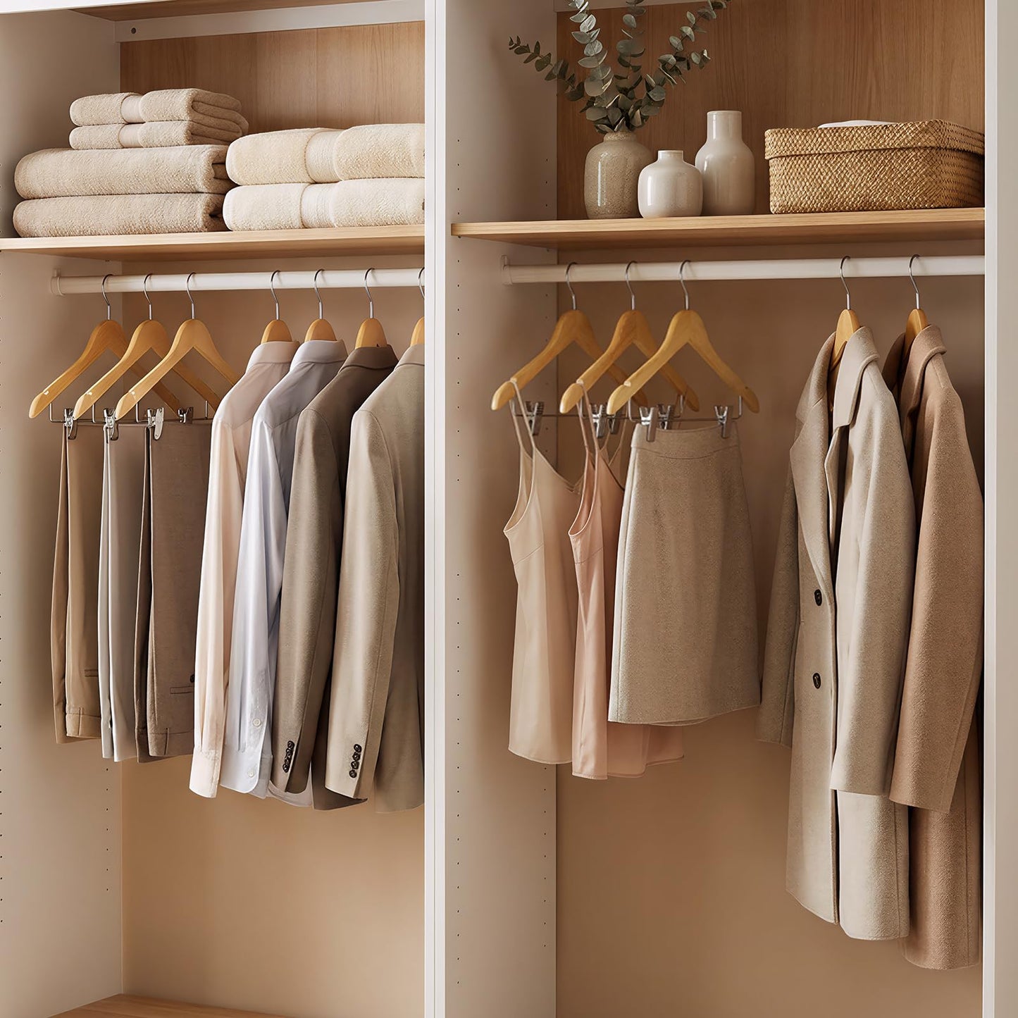 HOUSE DAY 12 Pack High-Grade Wooden Suit Hangers Skirt Hangers with Clips Solid Wood Pants Hanger Natural Smooth Finish Premium Wood Hanger with Durable Metal Clips for Blouse, Dress, Coat, Jacket