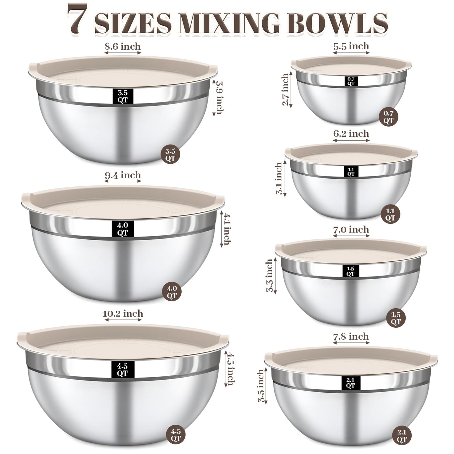 Boskermeal Mixing Bowls with Lids Set - 7PCS Nesting Mixing Bowls, Lids, Stainless Steel Mixing Bowls for Mixing, Baking & Meal Prep, Dishwasher Safe, Size 0.7/1.1/1.5/2.1/3.5/4/4.5 QT, Khaki