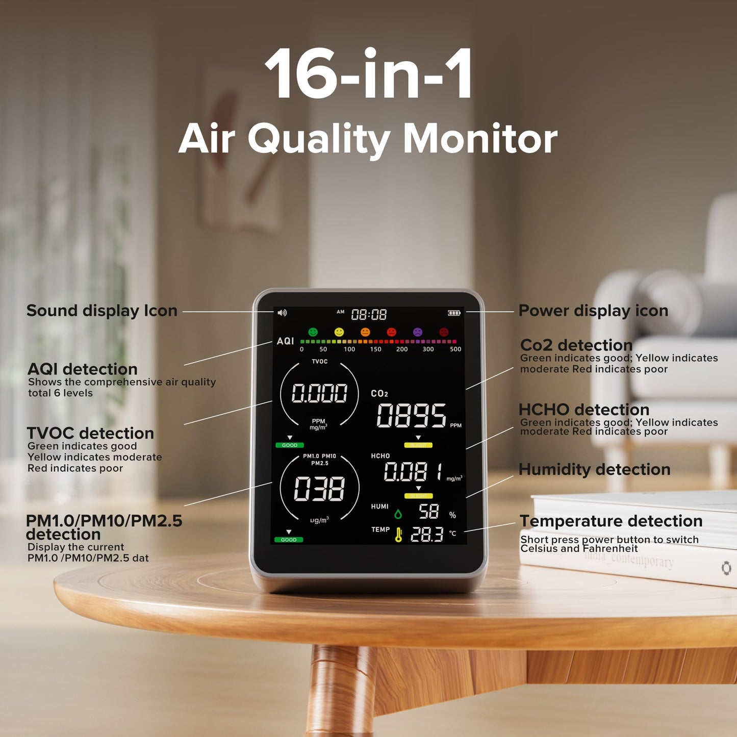 16 in 1 Air Quality Monitor Indoor-Portable Indoor Air Quality Meter with 7AQI Beep Alarm,for CO2,HCHO,TVOC,PM2.5, PM1.0,PM10,AQI,Temperature,Humidity & Time Display (Grey)