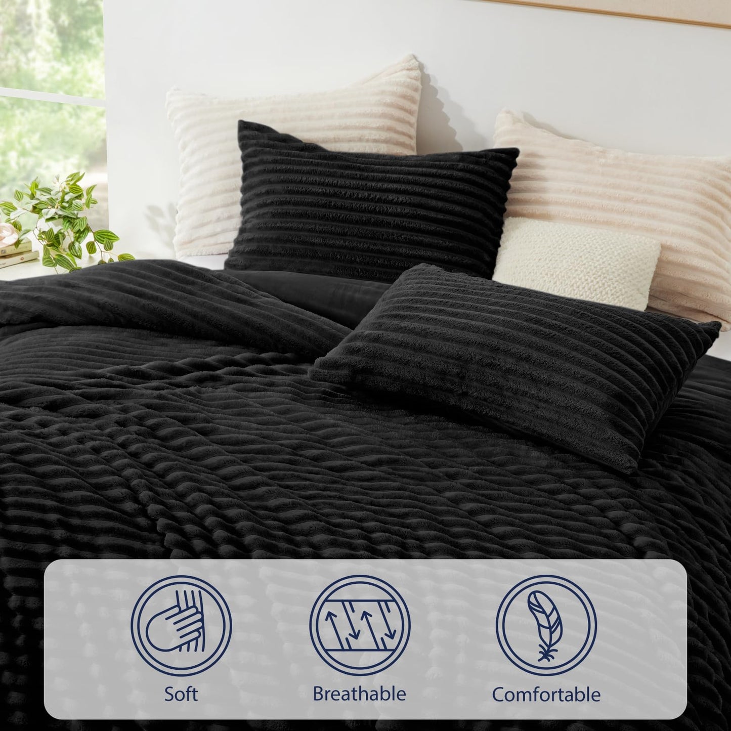 EXQ Home Fluffy Comforter Set Full Size - Super Soft Faux Fur Stripe Jacquard Comforter 3 Pieces, Black Fleece Bedding Set,Winter Warm Bed Set,1 Comforter with 2 Pillowcases