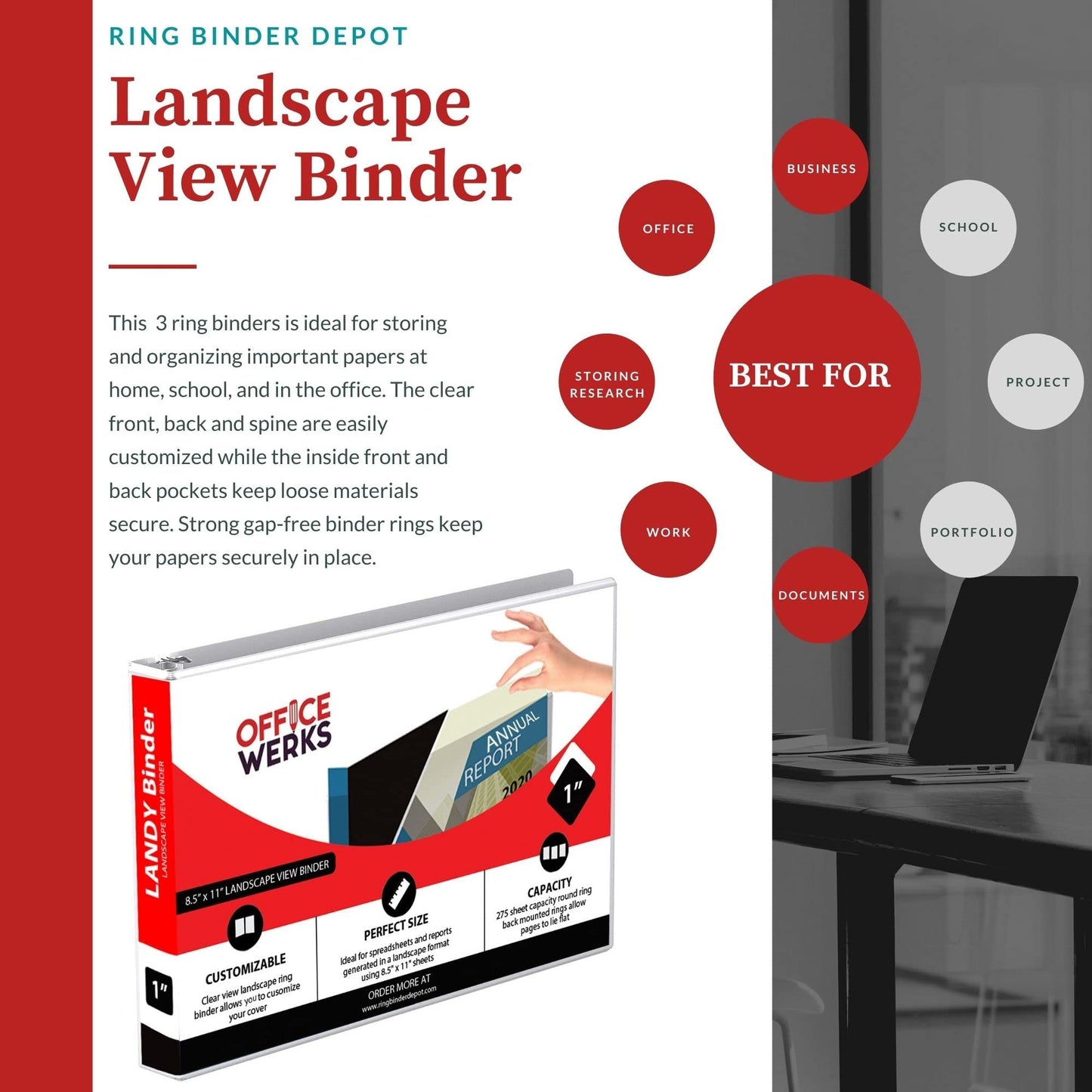 4 Pack of 8.5" X 11" Landscape View Binder, 3-Ring 1-Inch Capacity Round Ring, White Horizontal Formatted with Clear Cover Pockets, Perfect for Documents, Spreadsheets, Projects and More