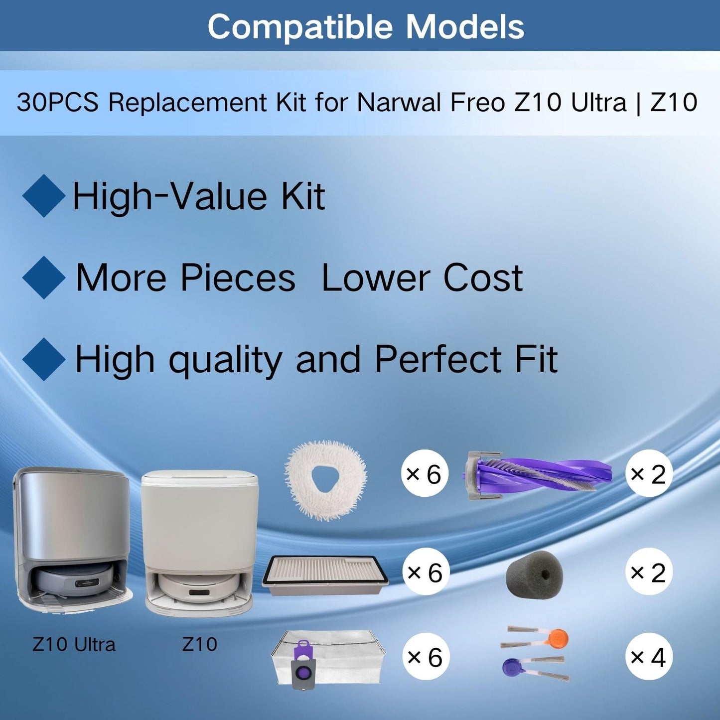 Replacement Accessories Parts Kit Compatible with Narwal Freo Z10 Ultra/Freo Z10 - Includes 6 Dust Bags, 6 Mop Pads, 6 Filters, 8 Side Brushes, 2 Rubber Main Brushes, 2 Water Tank Filter Sponge