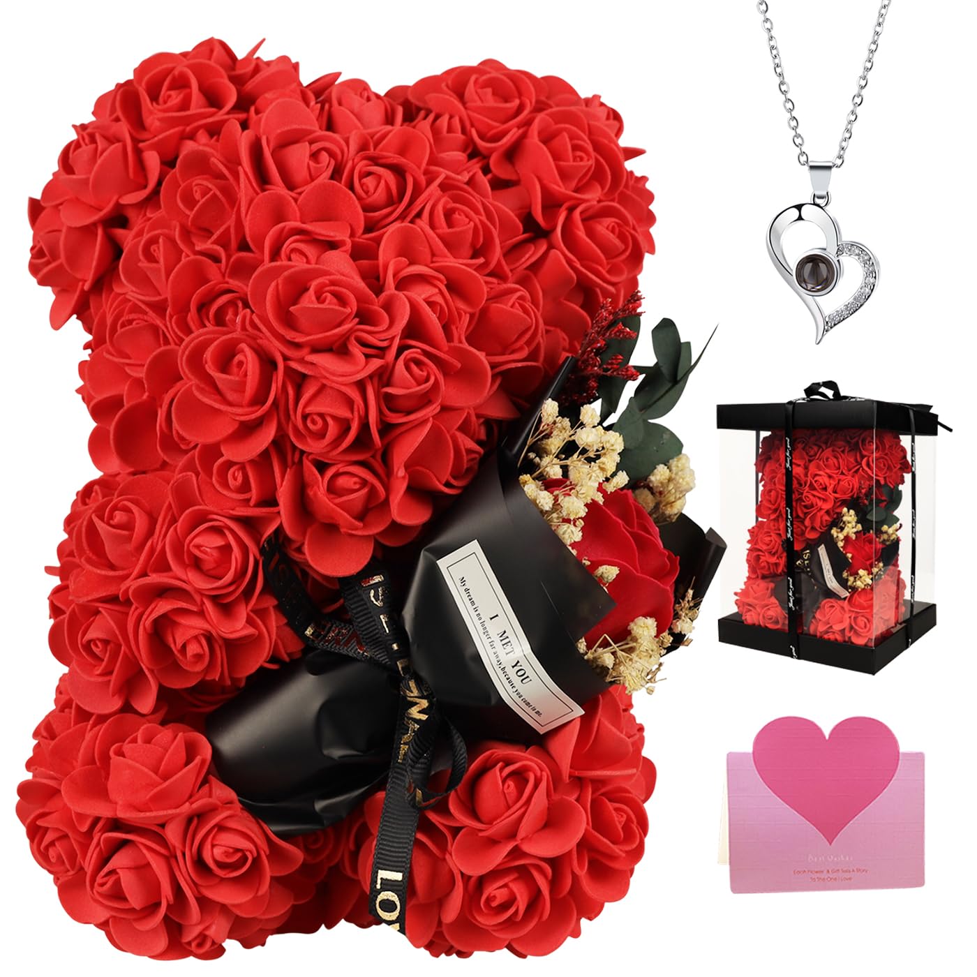 Rose Bear Gifts for women, Rose Bear Artificial Rose with I Love You Necklace Teddy Bear, Romantic Flower Bouquet Gift for Wife, Mom, Grandma, Perfect for Birthday, Mothers Day & Anniversaries