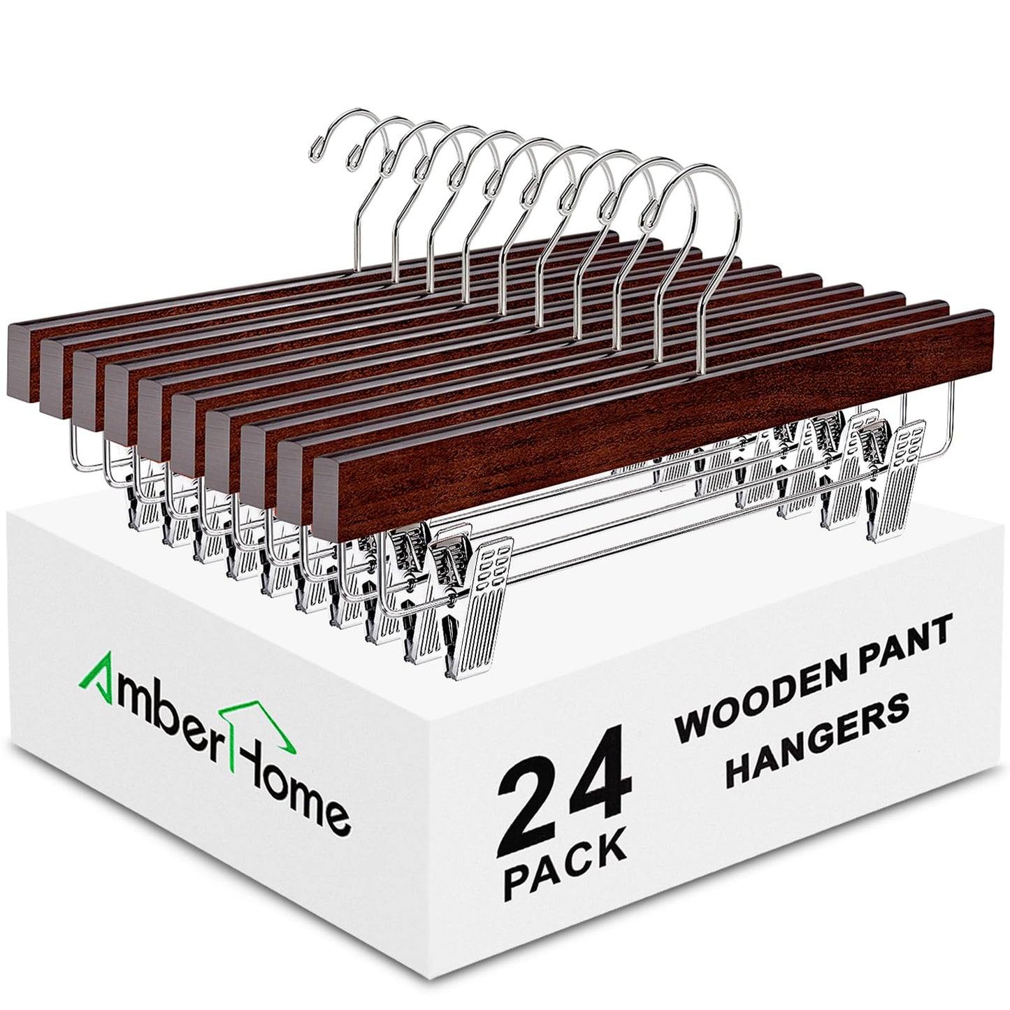 Amber Home 24 Pack Walnut Wooden Pants Hangers with Clips, 14" Wood Skirt & Trousers Hangers, Closet Hangers for Jeans, Slacks, Shorts, with 2-Adjustable Clips (Vintage, 24)