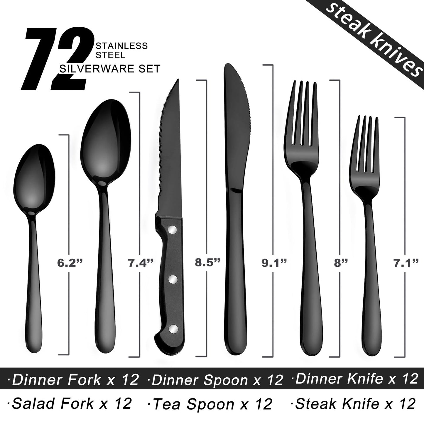 Pleafind 72Pcs Black Silverware Sets for 12 - Dishwasher Safe, Flatware Set with Steak Knives, Stainless Steel Cutlery Set, Include Forks Spoons and Knives Set, Utensil Sets for Home Restaurant