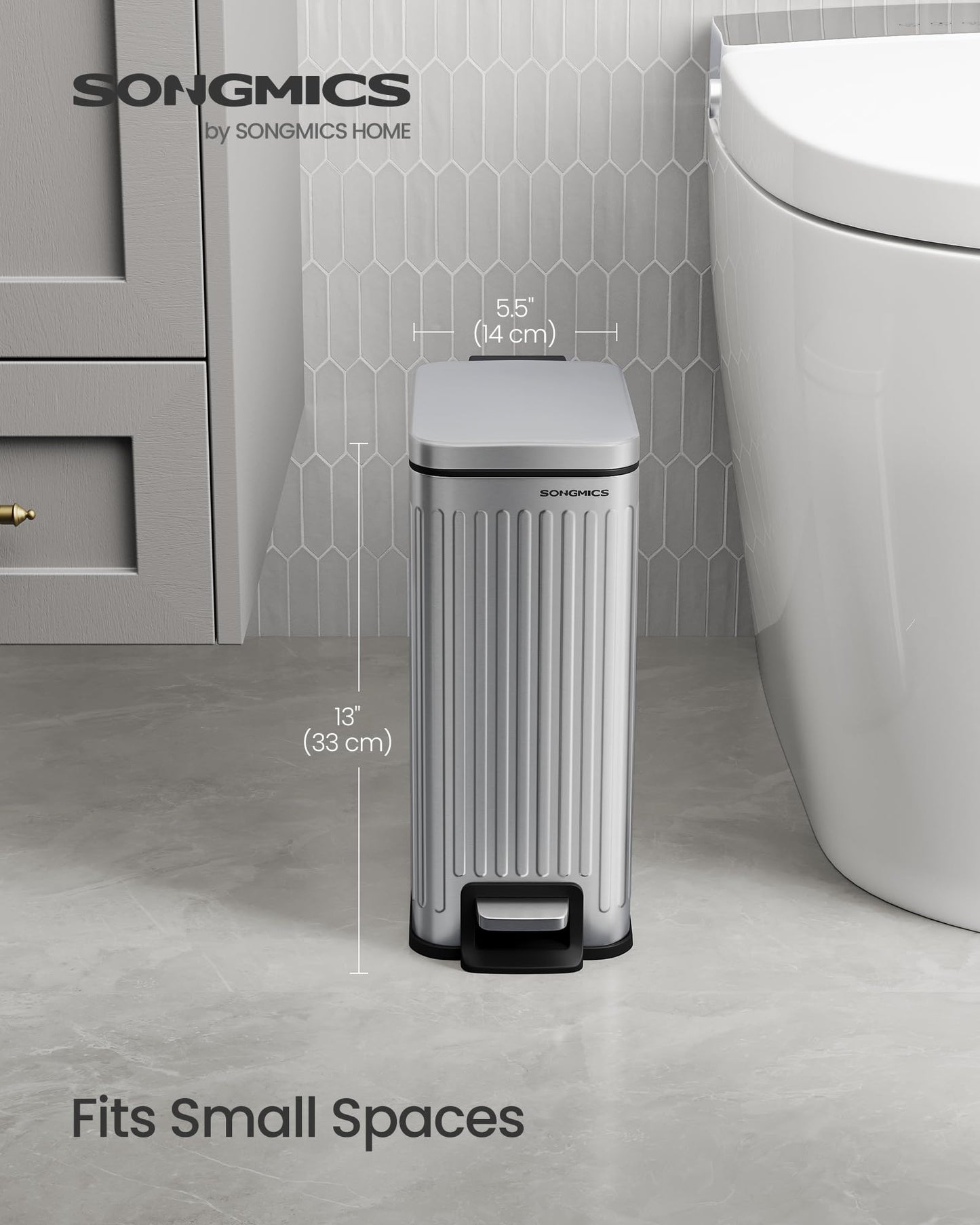 SONGMICS Bathroom Trash Can, 1.6-Gallon (6 L) Trash Bin with Lid, Slim for Small Spaces, Stainless Steel Garbage Can, Soft Close, Silver ULTB563E01