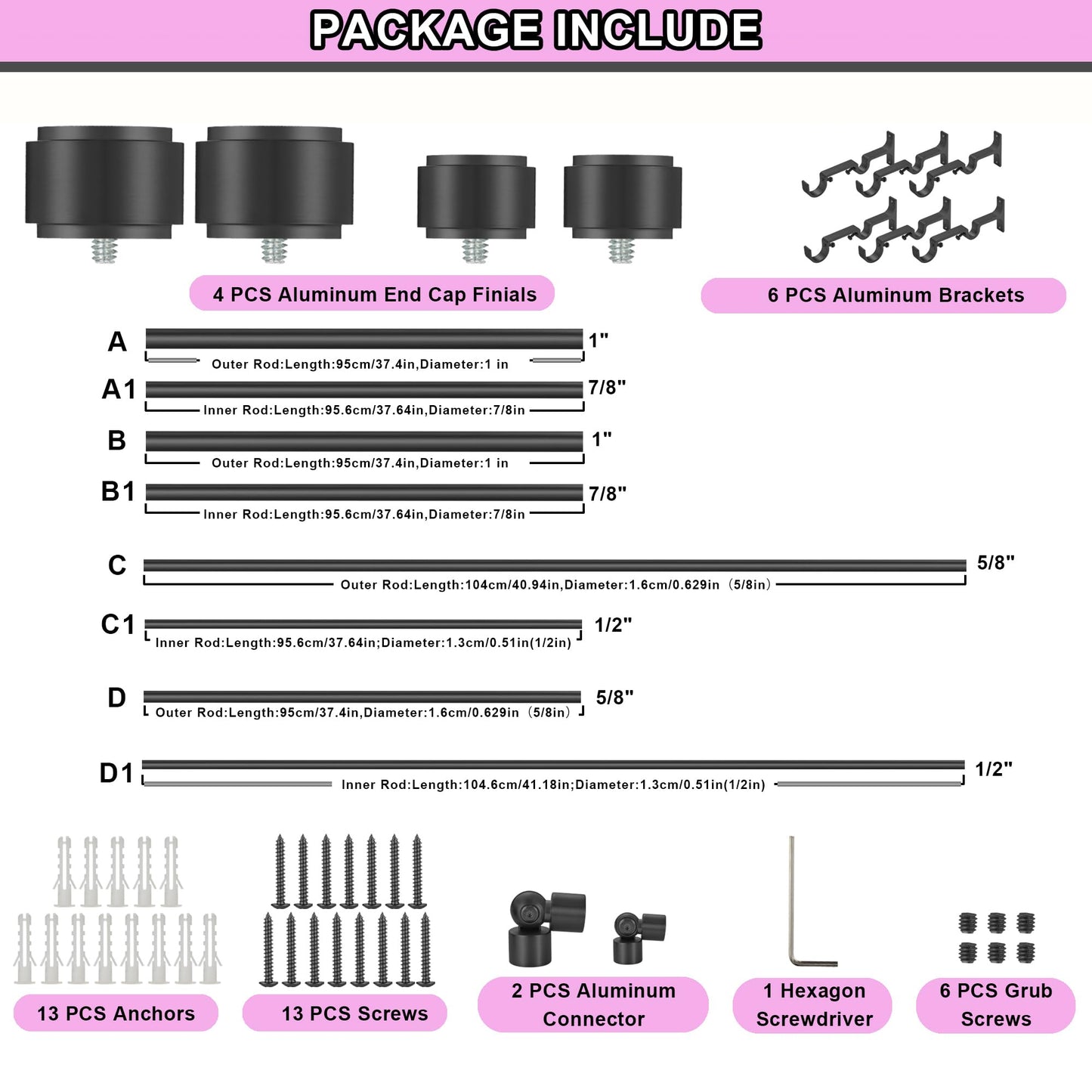 Mayrhyme Black Double Corner Window Curtain Rods with Aluminum End Cap Finials and Brackets,1 Inch Diameter Dual Bay Window Curtain Rods, Adjustable 2 Sided 36-72 Inch Double Drapery Rod