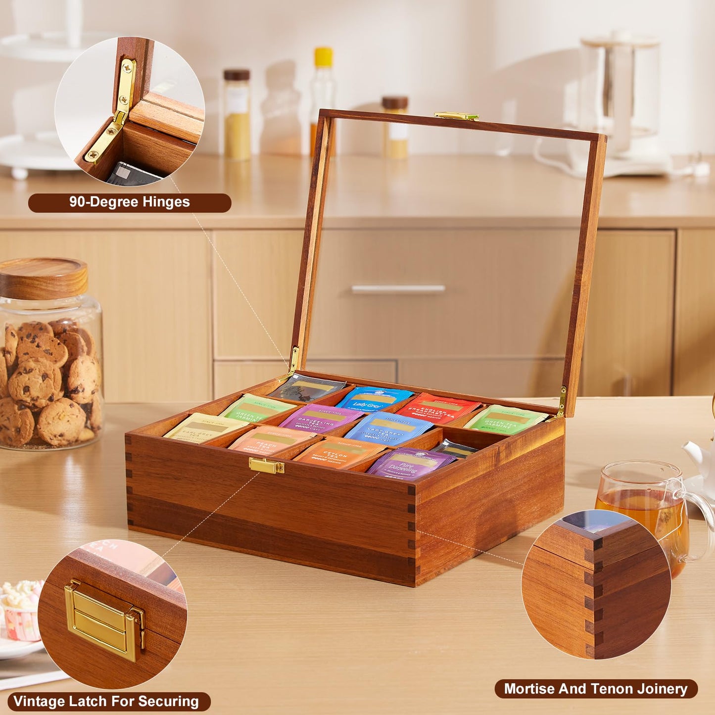 HouseJoy Tea Bag Organizer, Acacia Wood Tea Storage Box, 12 Compartments Tea Bags Storage Drawer with Clear Glass Window, Tea Bag Holder for Countertop Kitchen Cabinet Pantry - Keeps Tea Bags Fresh