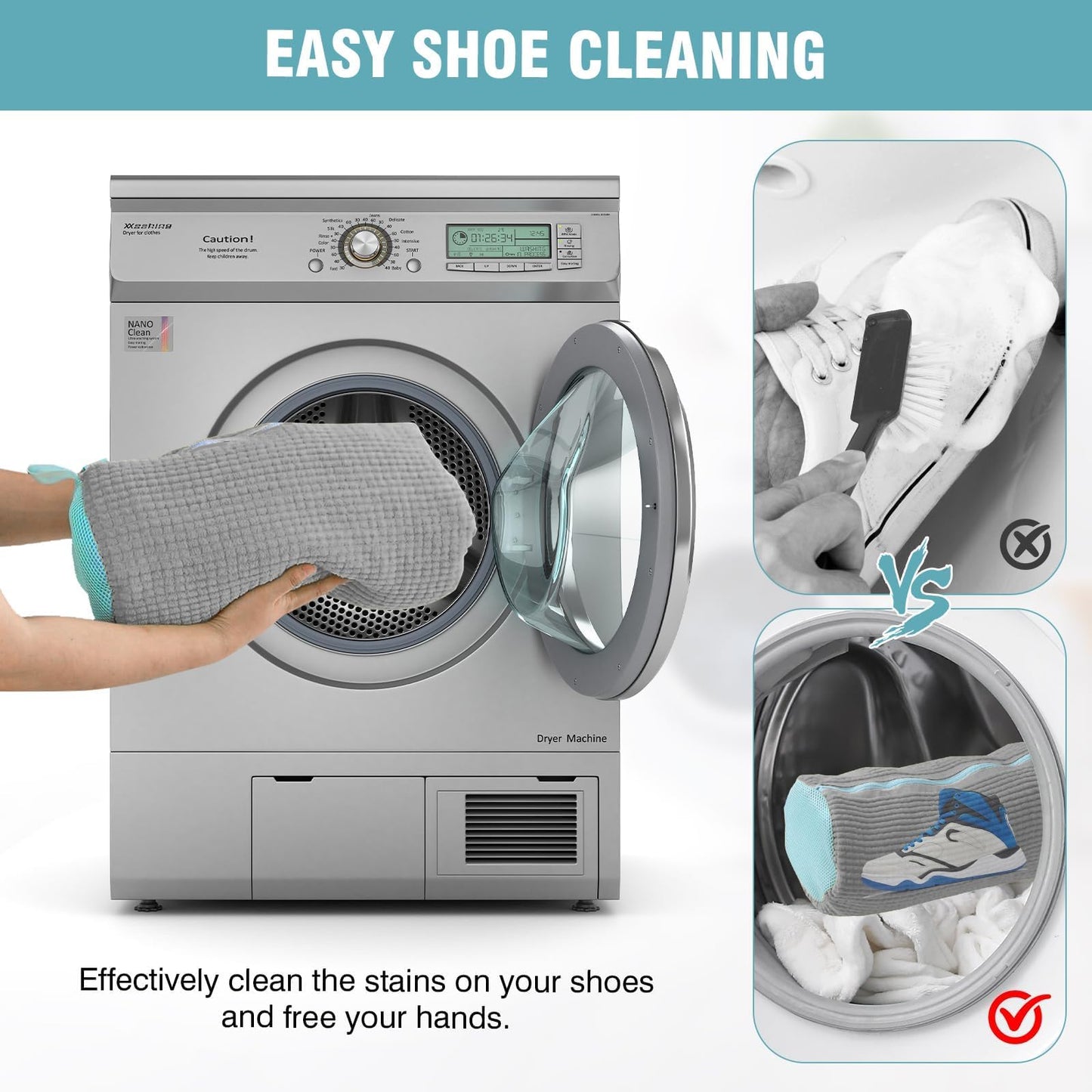 2 Pcs Shoe Washing Machine Bags with 4 Adjustable Shoe Trees, XXL Laundry Bags for Washer and Dryer, Sturdy Zipper with Hook Design, Reusable Cleaning Bag for Sneaker, Tennis (Gray)